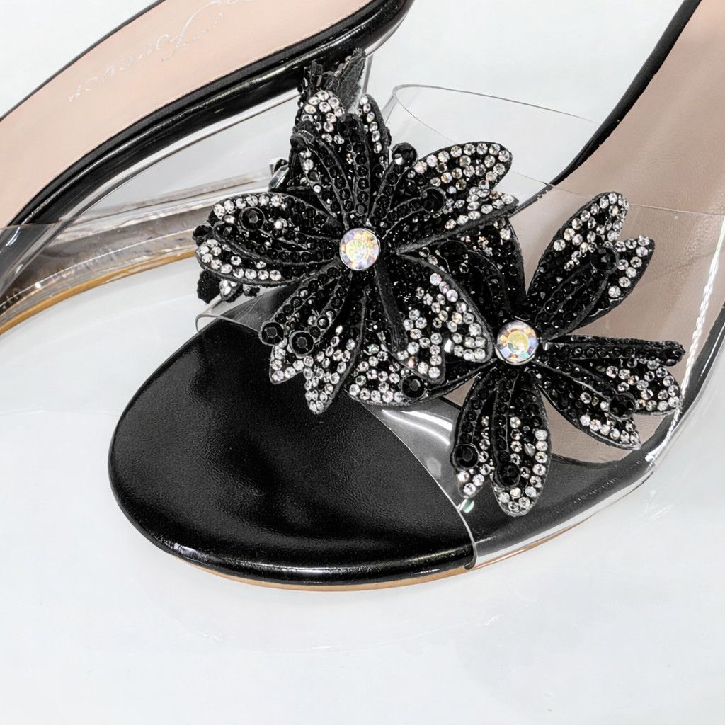 Other Eva Rhinestone Flower Black Slip On 2.5" Wedge Heel Casual E Size US 7 / IT 37 - 4 Thumbnail