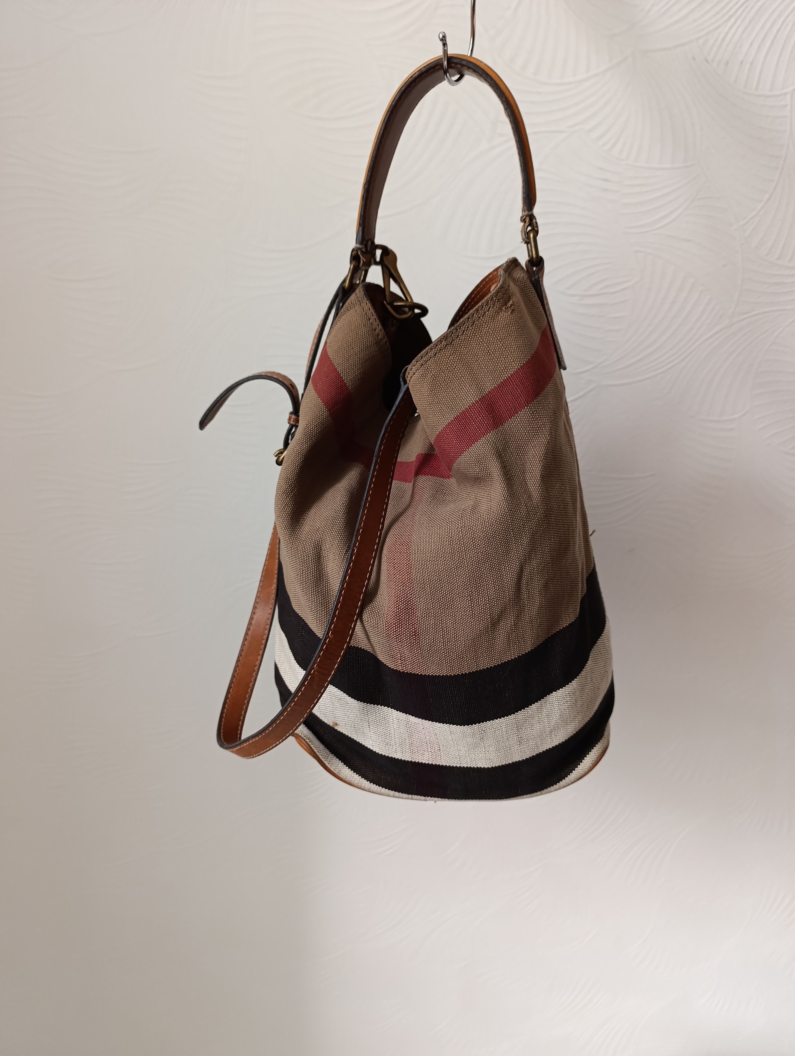Burberry BURBERRY ASHBY MEDIUM SADDLE LEATHER CHECK CANVAS HOBO BAG Size ONE SIZE - 1 Thumbnail