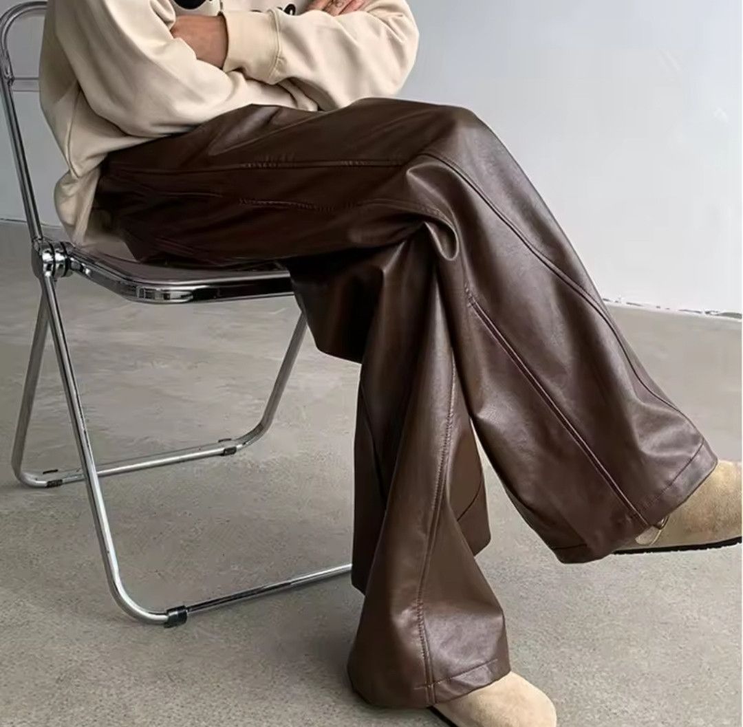 Japanese Brand Faux Leather Brown Wide Straight Leg Pants Size US 32 / EU 48 - 2 Thumbnail