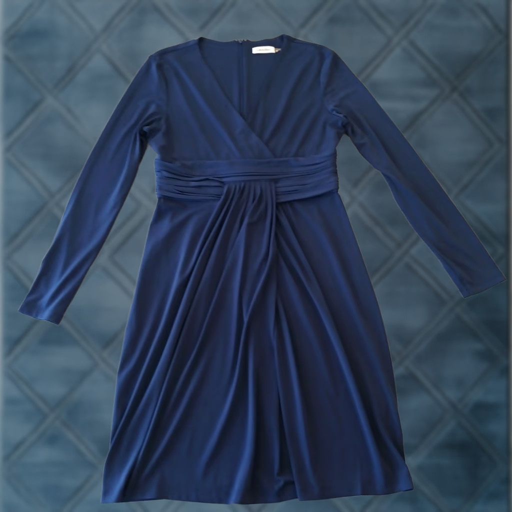 Calvin Klein Calvin Klein Dress Blue Long Sleeve V-Neck Ruched Stretch Knee Length 8 Women Dress Sheath Modern Vintage? Size M / US 6-8 / IT 42-44 - 1 Thumbnail