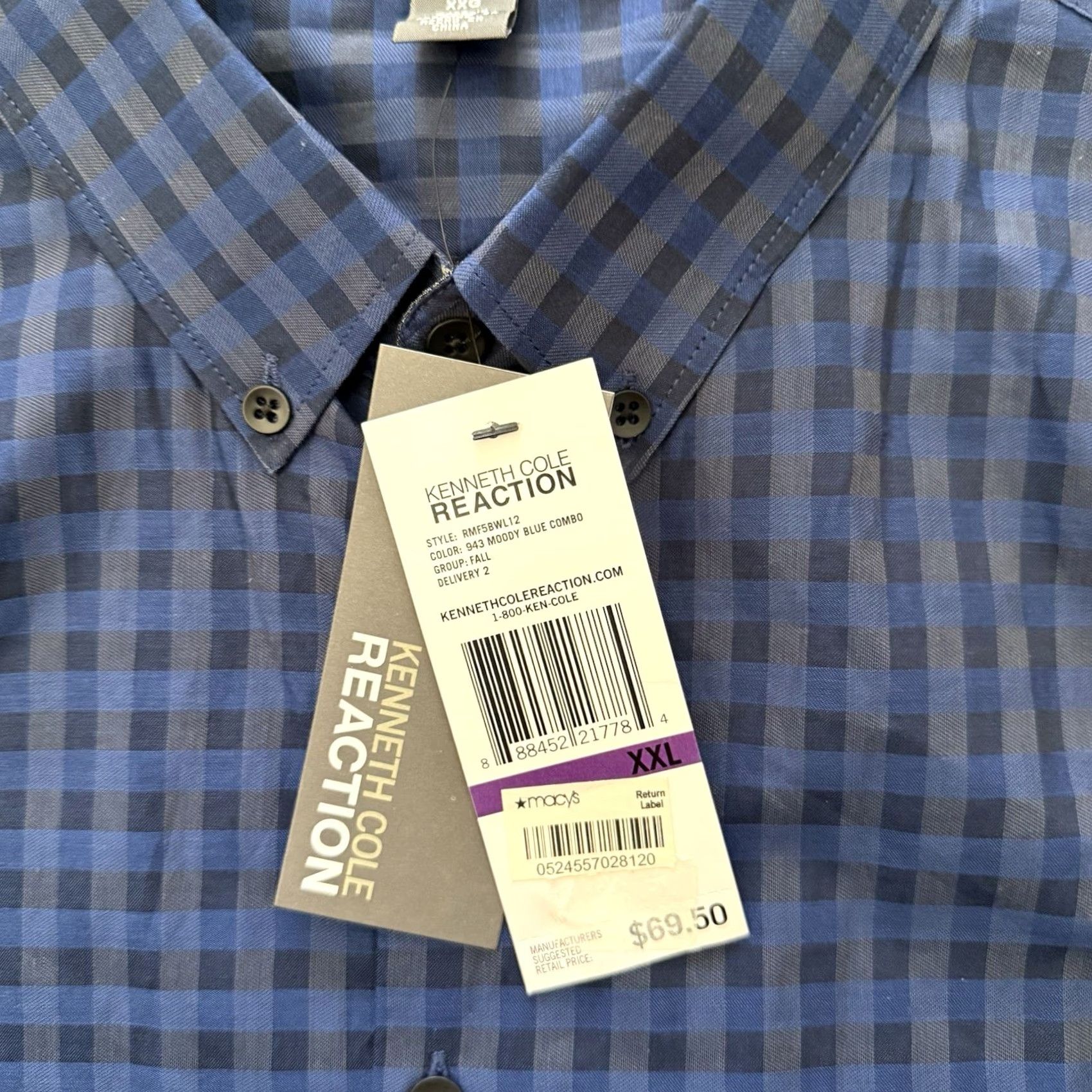 Kenneth Cole Kenneth Cole Reaction Shirt Mens 2XL Blue Check Slim Fit Button-Up Long Sleeve Size US XXL / EU 58 / 5 - 6 Thumbnail