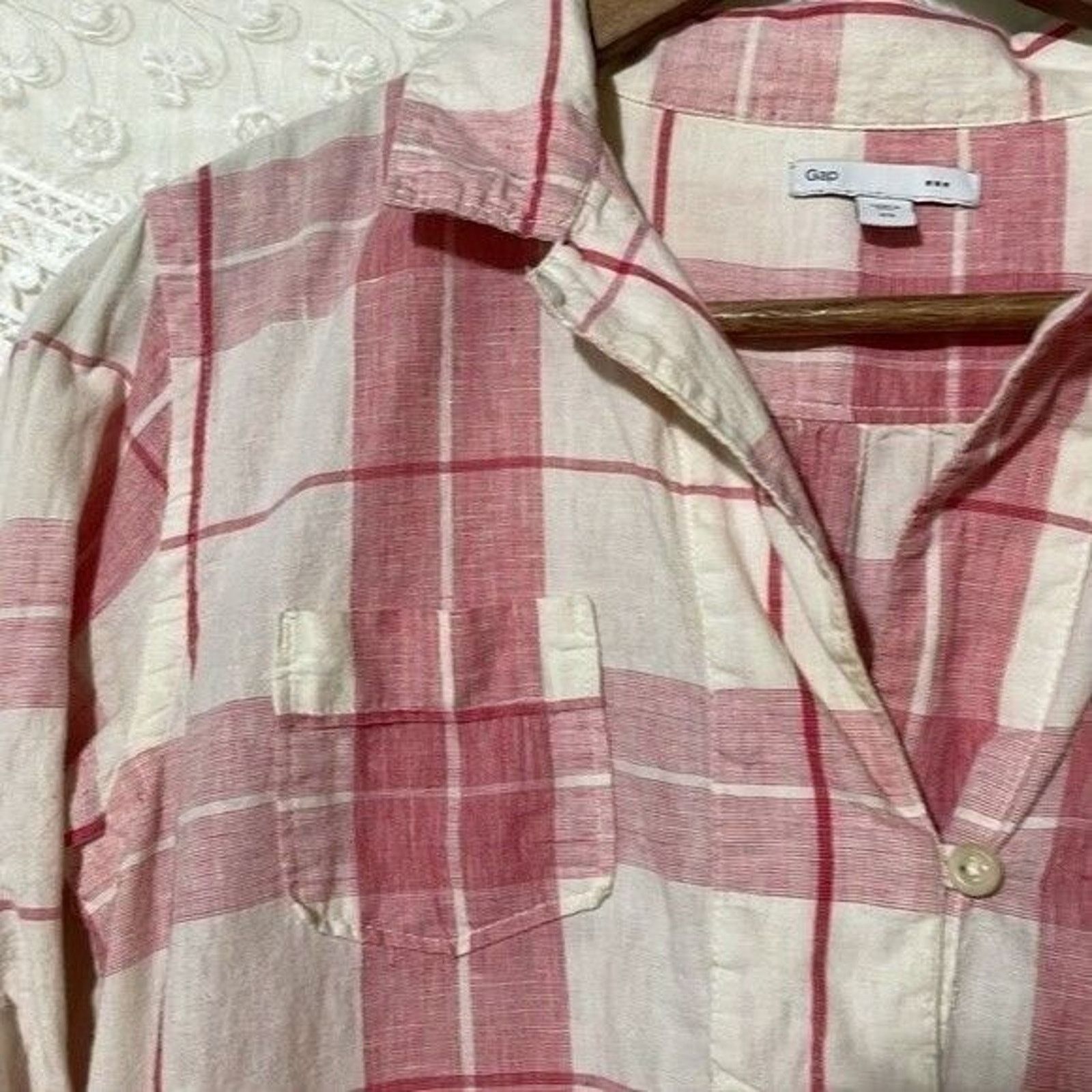 Gap Gap Womens Popover Top Pink White Plaid Linen Blend Size XS Size XS / US 0-2 / IT 36-38 - 3 Thumbnail