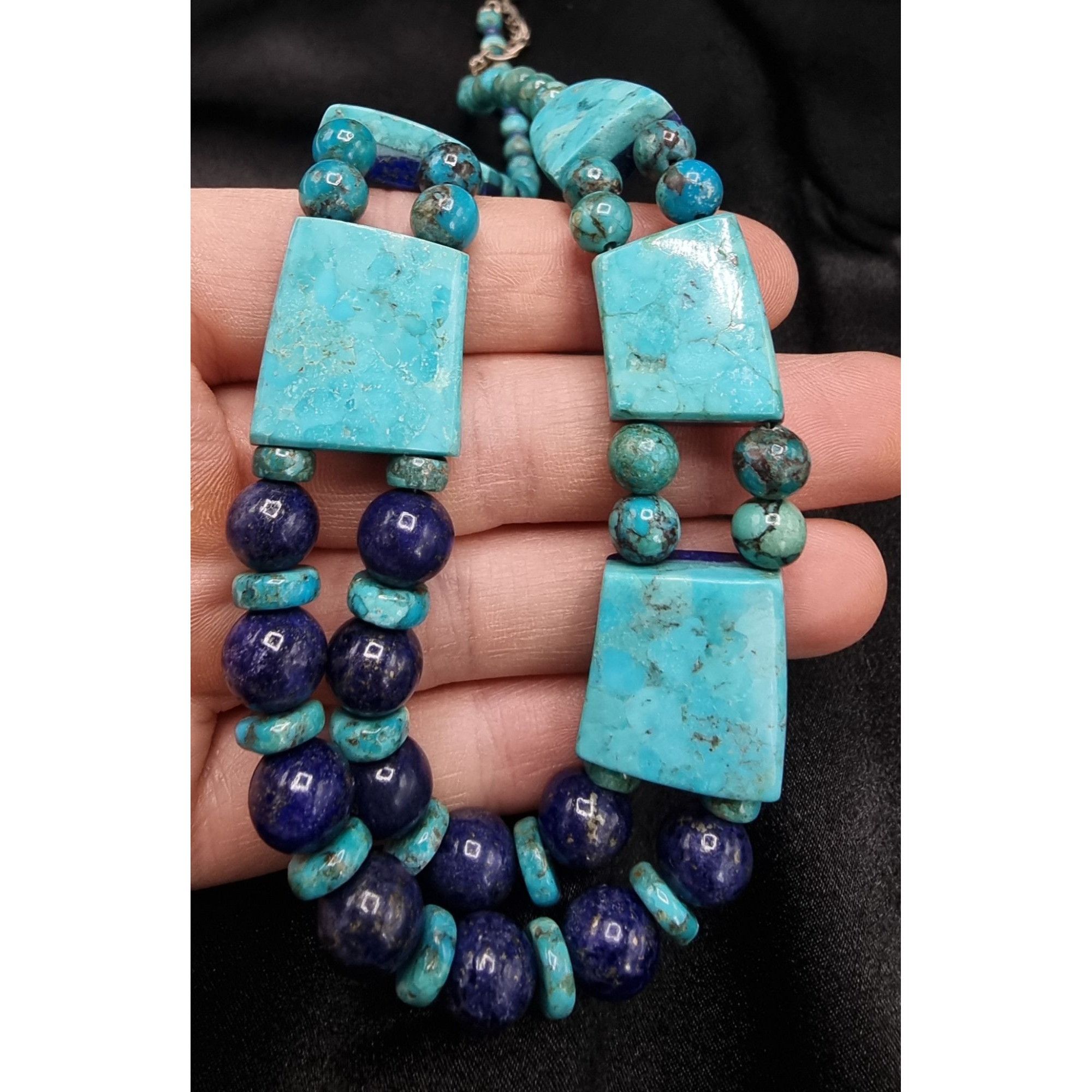 Vintage Turquoise & Lapis Double Sided Necklace Sterling Silver Clas Size ONE SIZE - 7 Thumbnail