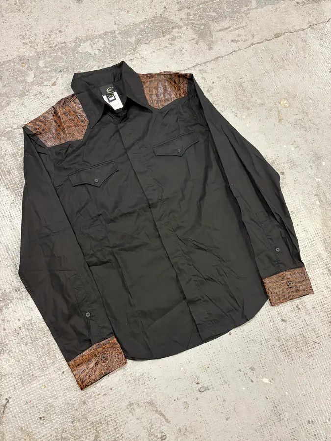 Just Cavalli 2000s Cavalli Black & Brown Crocodile Effect Embossed Leather Shirt Size US L / EU 52-54 / 3 - 4 Thumbnail