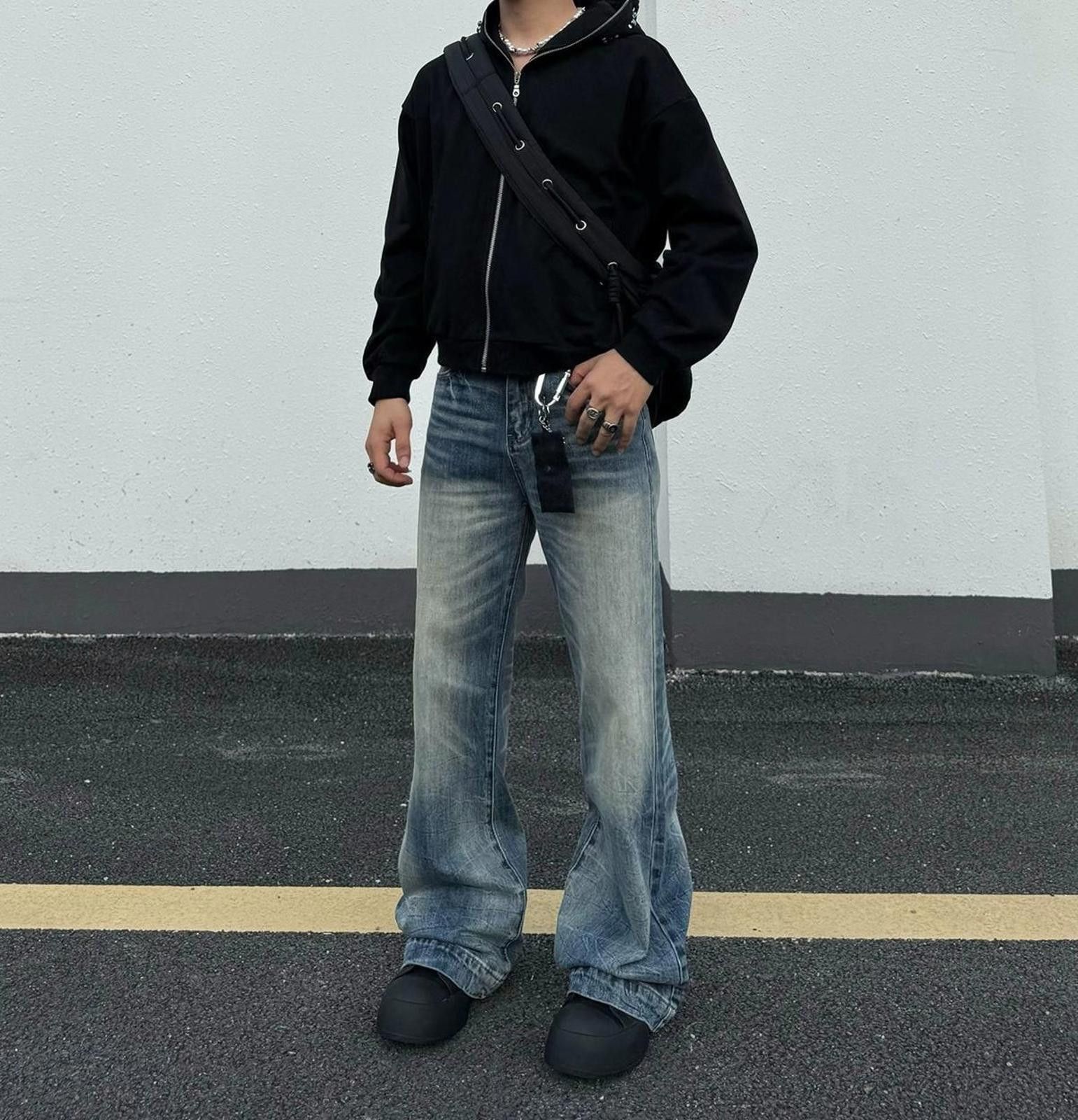Jean Whiskered Blue Wide Leg Jeans, Loose Fit Denim Pants Size US 30 / EU 46 - 6 Thumbnail