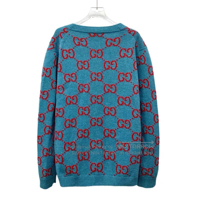 Gucci Gucci Blue logo jacquard full-print wool V-neck single-bre Size US L / EU 52-54 / 3 - 2 Thumbnail