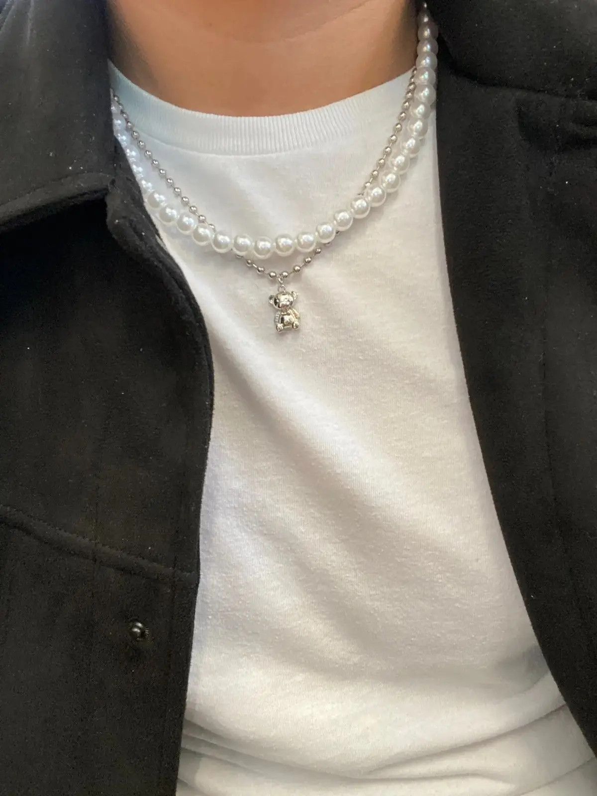 Jewelry Double Layer Pearl Bear Necklace Silver Necklace Size ONE SIZE - 2 Thumbnail