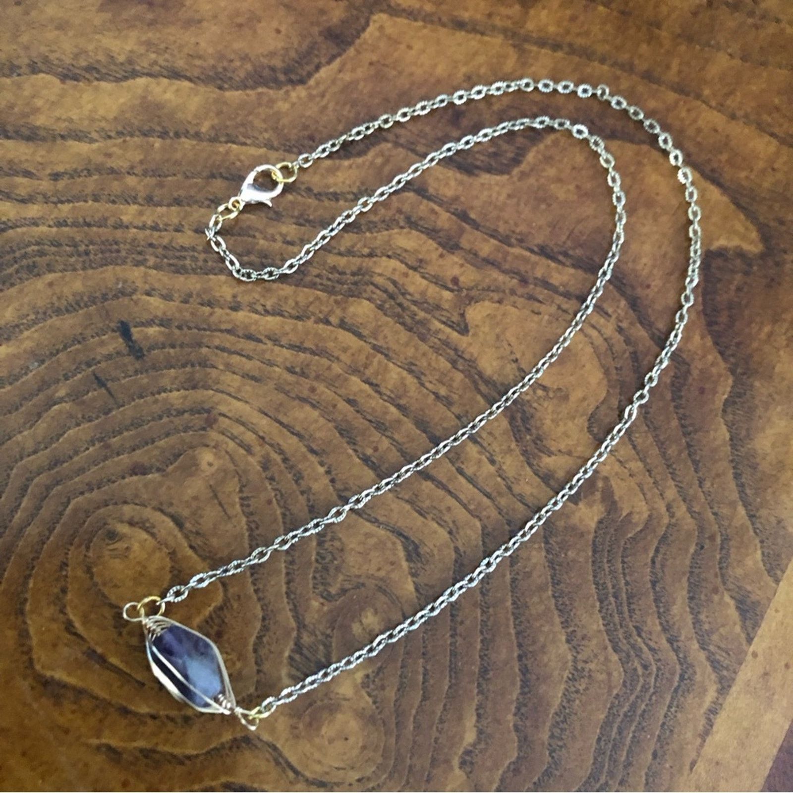Handmade Handcrafted gold wire cage genuine amethyst stone necklace Size ONE SIZE - 9 Thumbnail