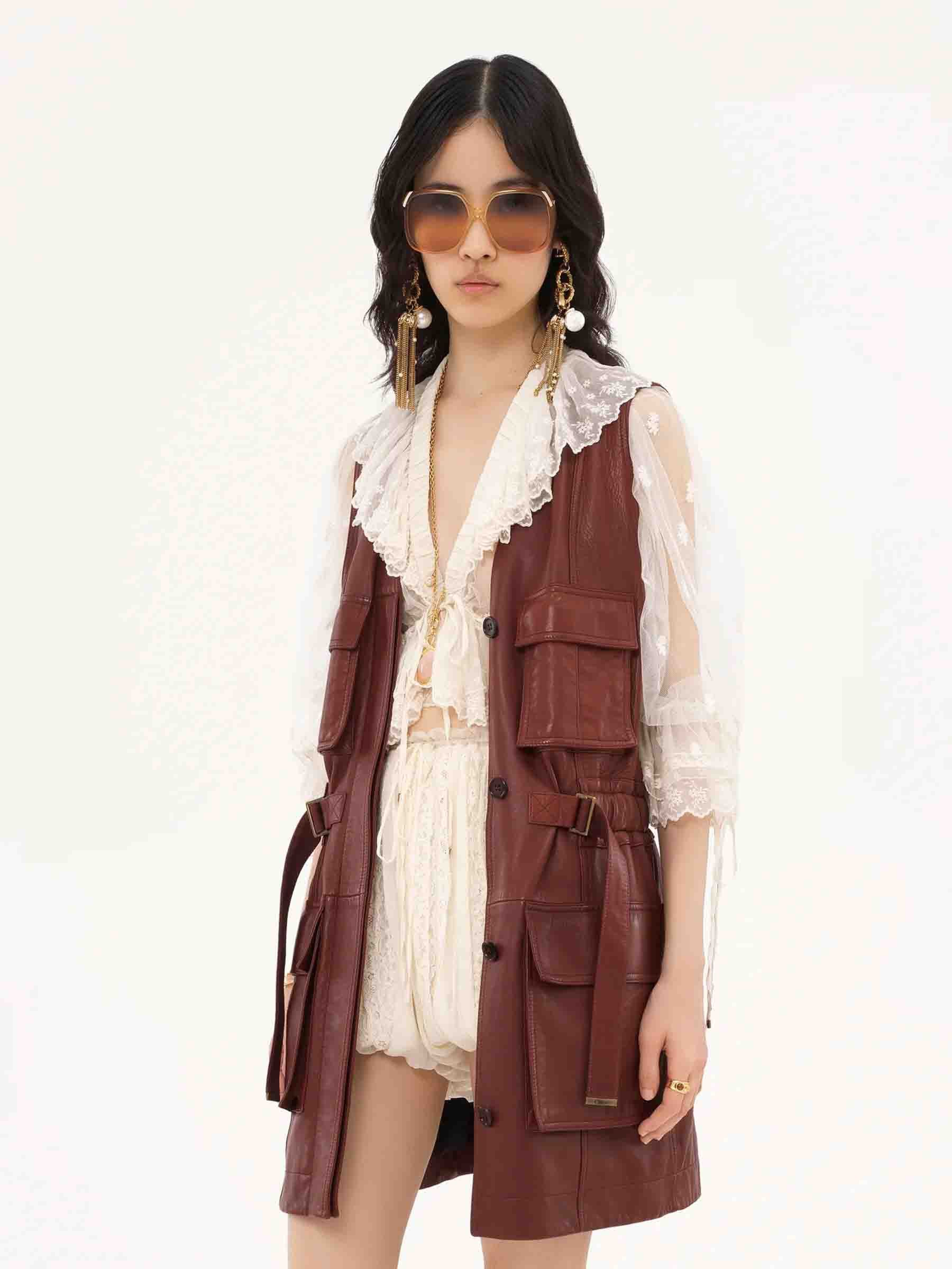 Chloe o1loc1c10326 Leather Utility Vest in Faded Mahogany Size XS / US 0-2 / IT 36-38 - 3 Thumbnail