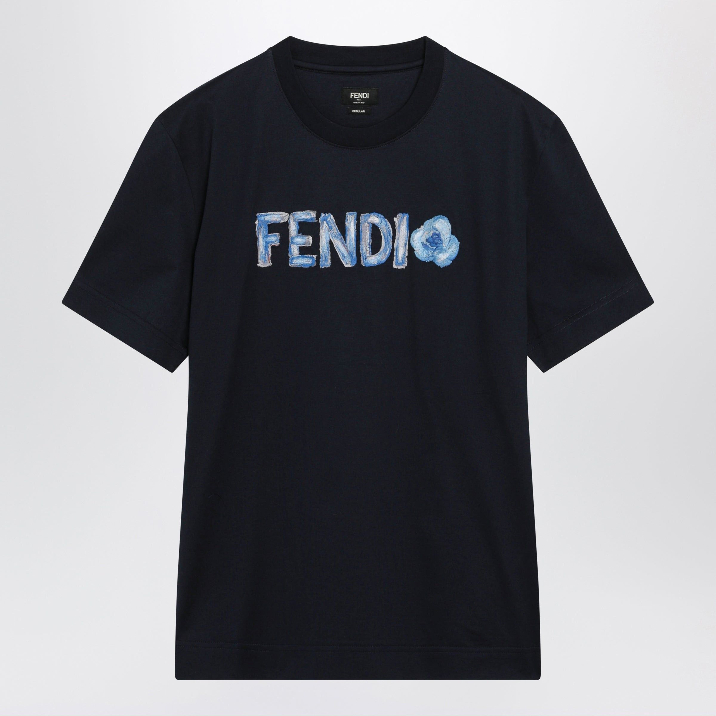 Fendi Fendi Navy Blue T-Shirt With Embroidered Logo Size US XL / EU 56 / 4 - 1 Thumbnail