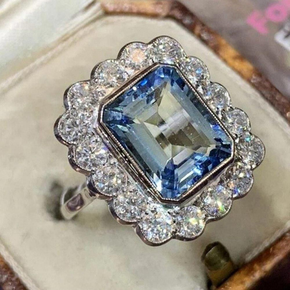 Designer Blue Inlaid Aquamarine Rhinestone Silver Ring - Size 5 Size ONE SIZE - 1 Thumbnail