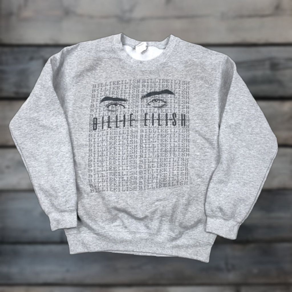 Gildan Billie Eilish Gray Repeating Name Print Pullover Sweatshirt Adults Small Eyes Shirt Size US S / EU 44-46 / 1 - 1 Thumbnail