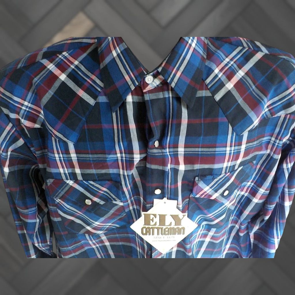 Vintage ELY Cattleman Pearl Snap Western Shirt Mens XL Poly/Cotton NWT Red White Blue Black Plaid Button-Up Size US XL / EU 56 / 4 - 1 Thumbnail