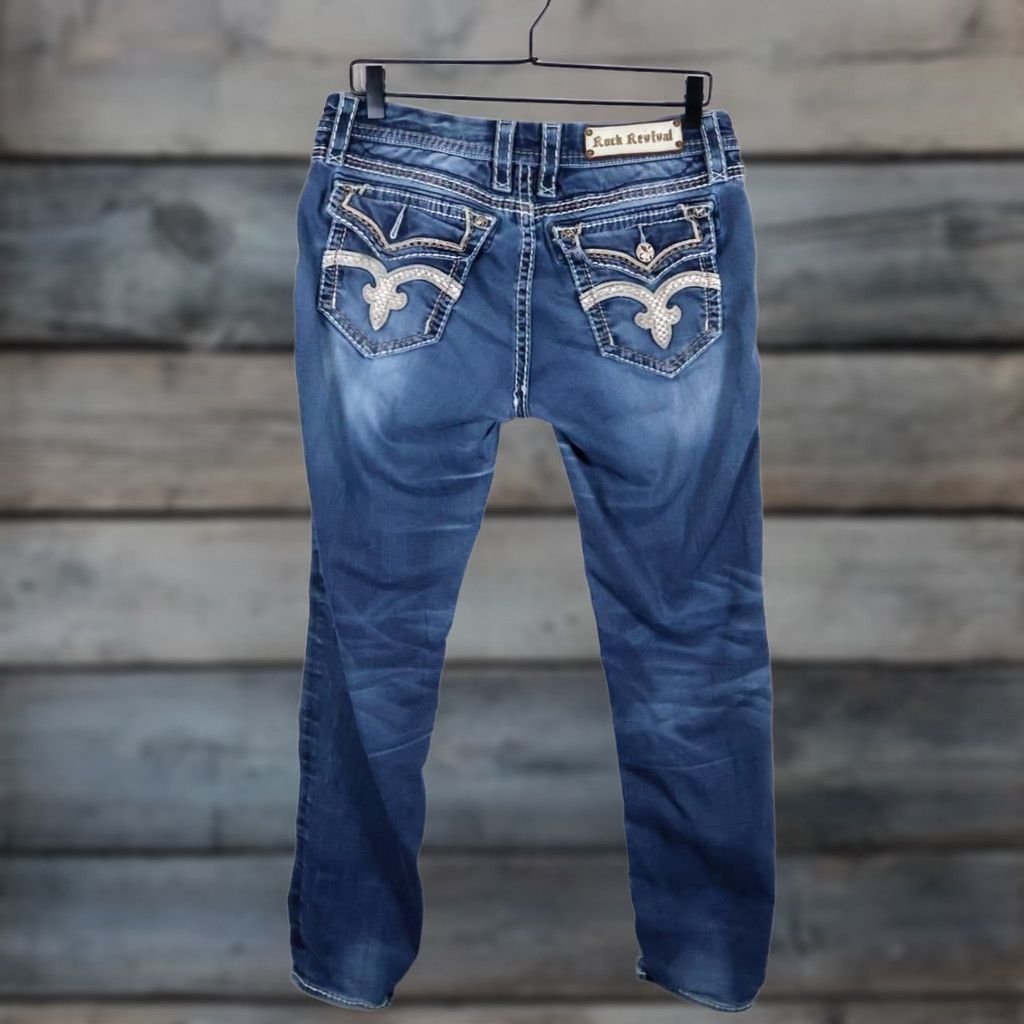 Vintage Rock Revival Saralyn Easy Skinny Jeans Women's 30 Blue Denim Stretch Rhinestone 5-Pocket Medium Wash Hipster Modern Size 30" / US 8 / IT 44 - 1 Thumbnail
