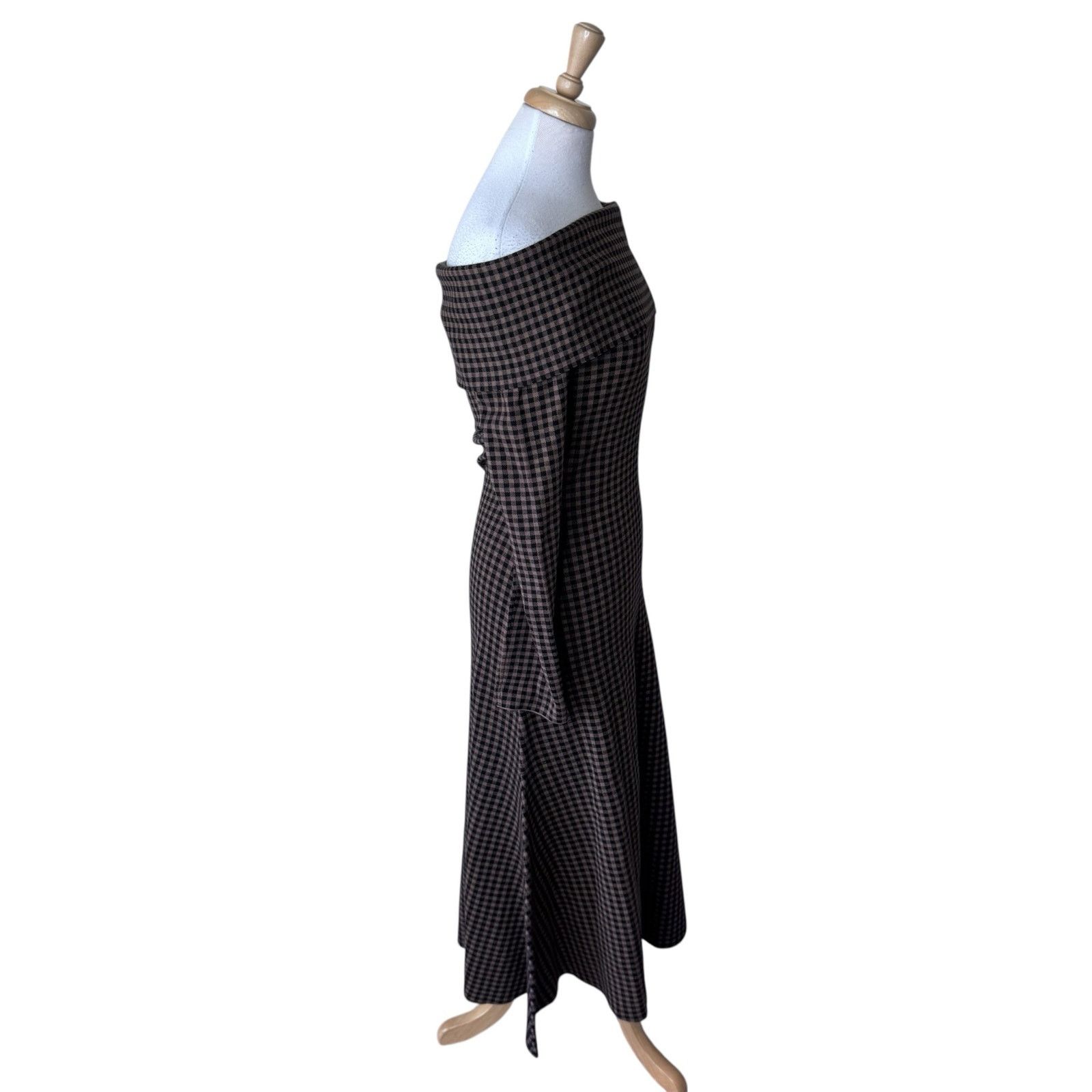 Other LE BOP Gingham Knit Off Shoulder Dress Chocolate/Black Size L / US 10 / IT 46 - 7 Thumbnail