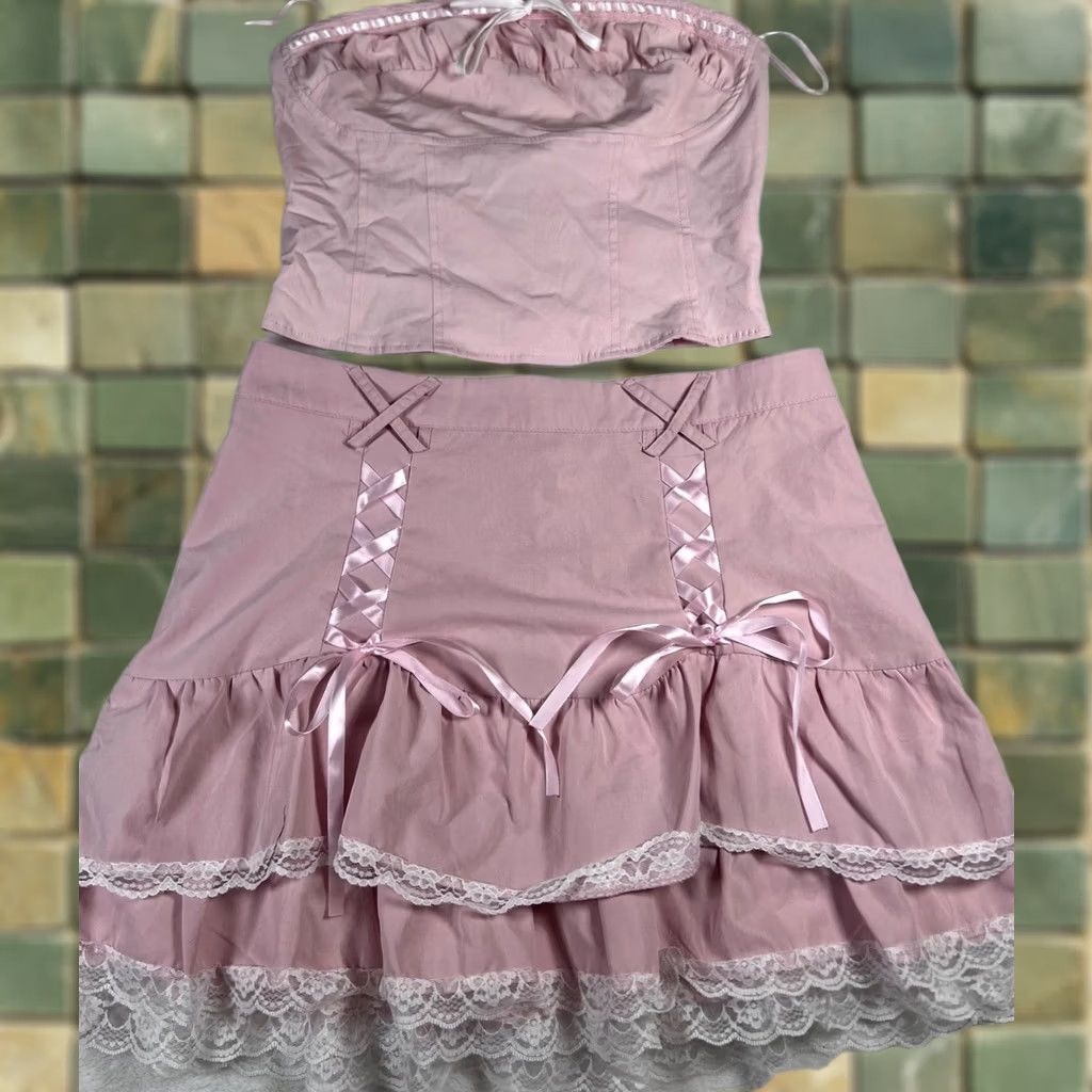Garage Garage Skirt Set Womens Pink Lace Ruffle Bow Top Y2K Party Corset Cute Size L / US 10 / IT 46 - 1 Thumbnail
