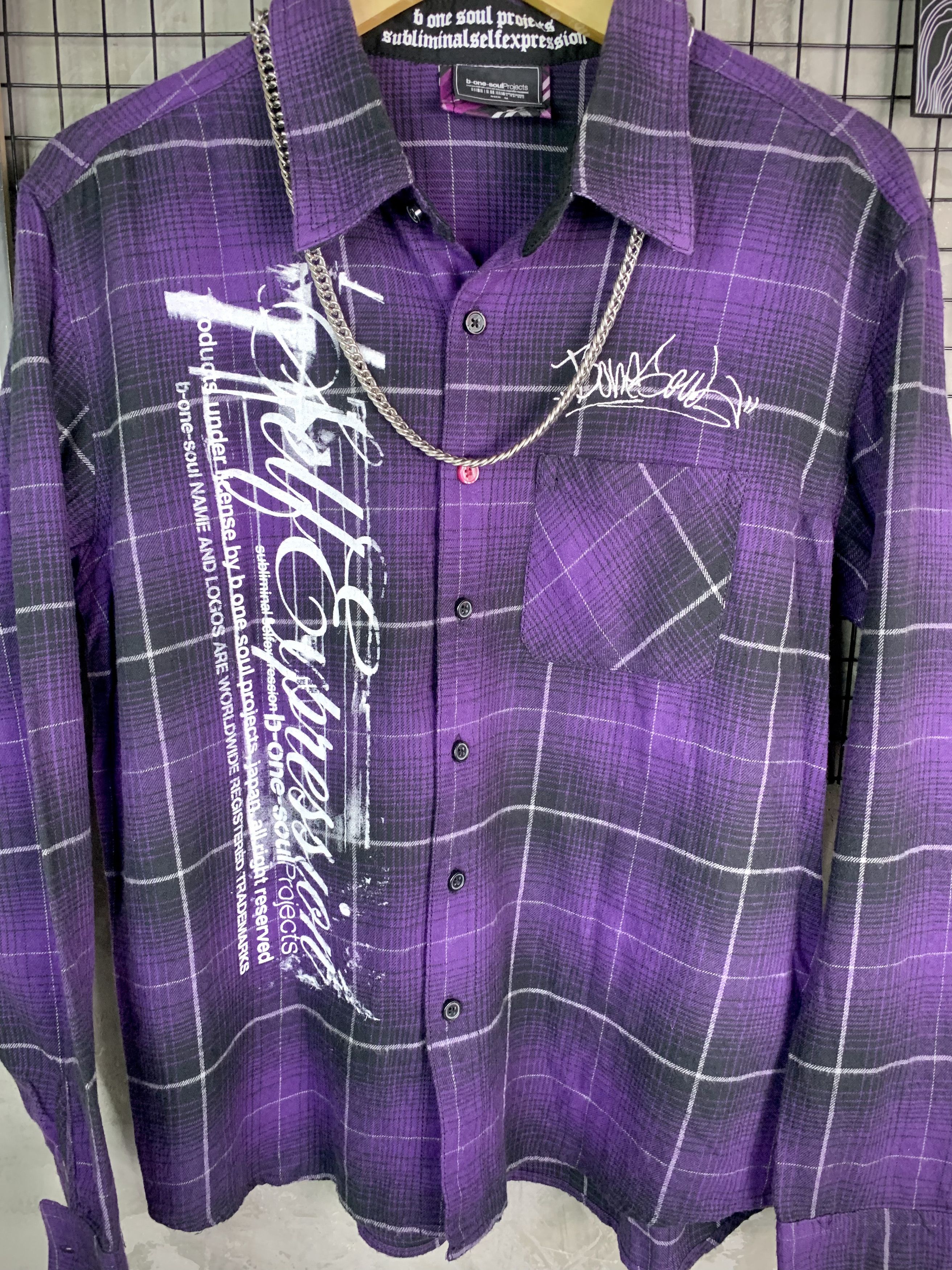 Japanese Brand Y2K B-One-Soul Grunge Purple Plaid Flannel Shirt Poem Print Size US M / EU 48-50 / 2 - 3 Thumbnail