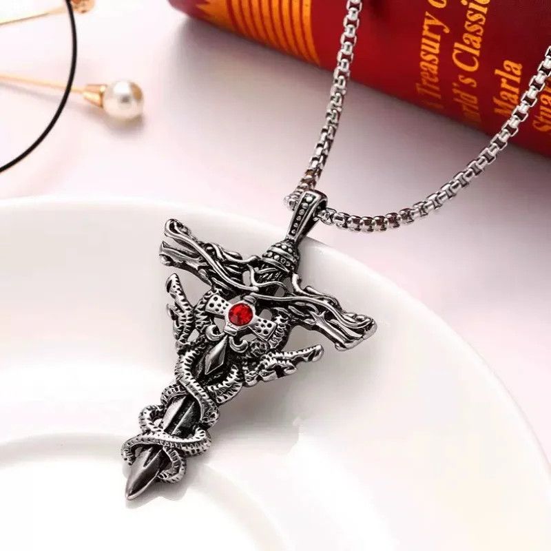 Jewelry Double Dragon Sword Pendant Necklace Size ONE SIZE - 1 Preview
