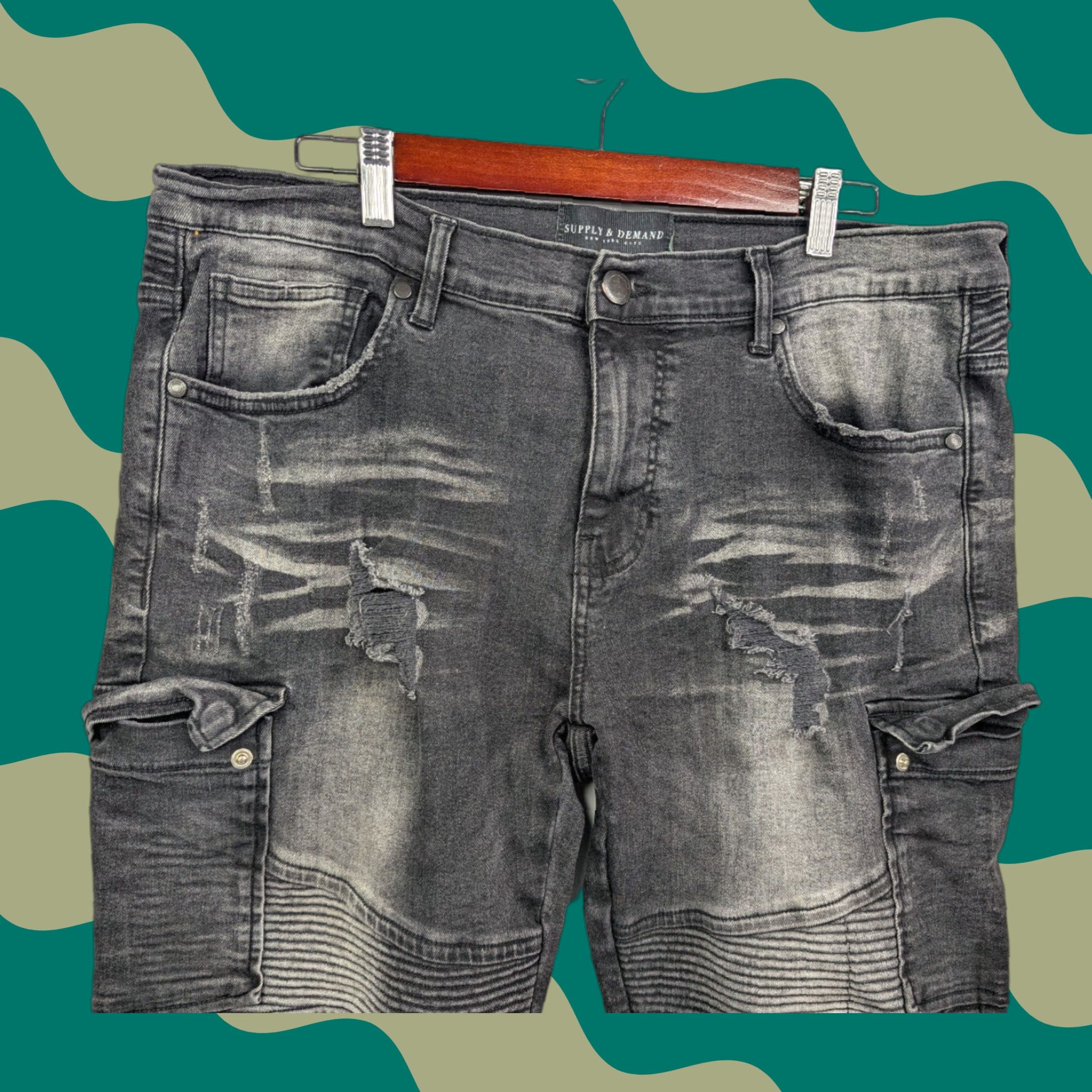 Supply & Demand Supply & Demand Jeans Cargo Mens Black Denim Moto Distressed Stretch 2XL 38W Size US 39 - 1 Thumbnail