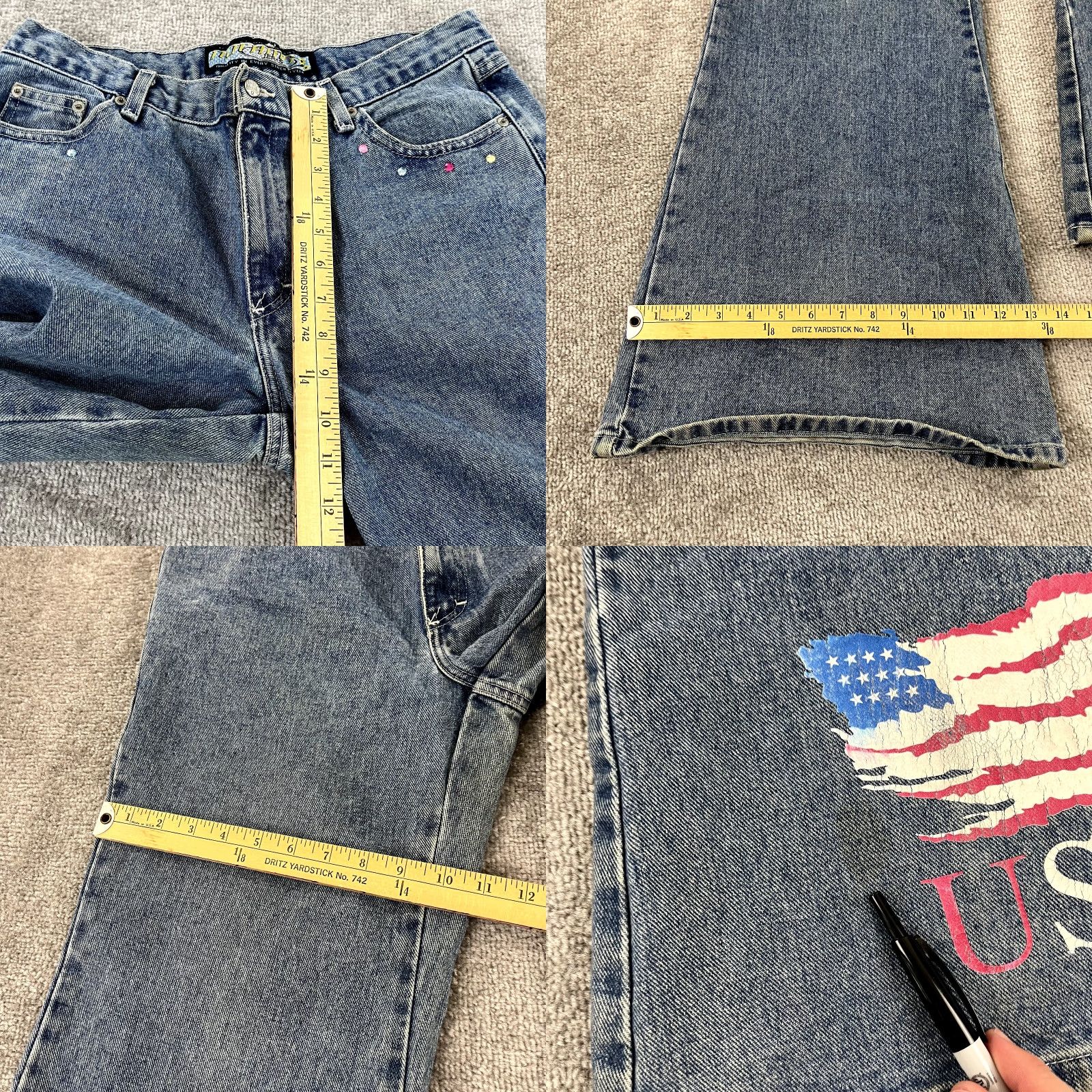 Denime NOTHING Jeans Womens Blue Wide Flared Denim USA Flag Patriotic Y2K 14 Regular Jeans Women's Size 14 Blue USA Patch? Size 36" / US 14 / IT 50 - 8 Thumbnail