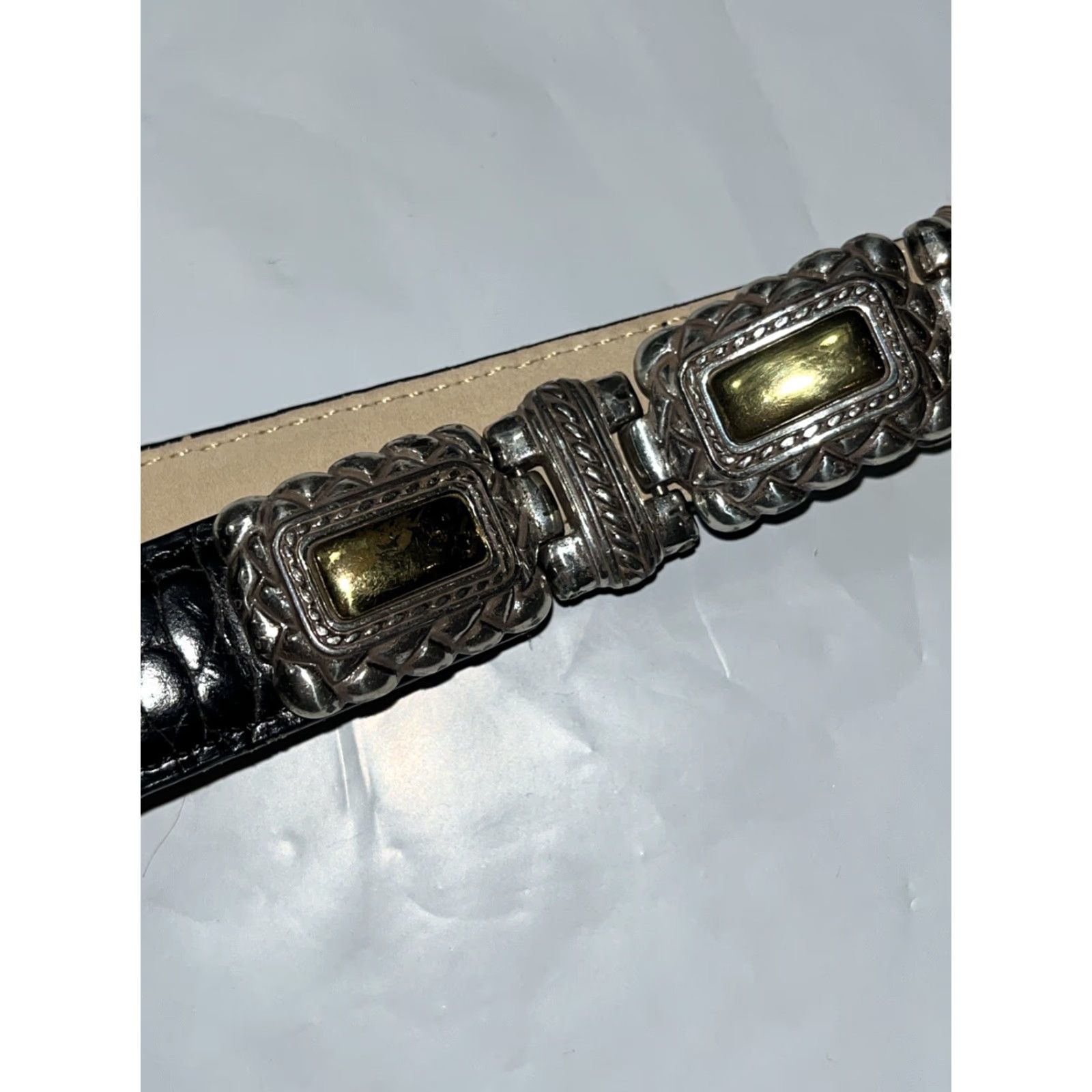 Brighton VINTAGE Brighton BELT Women Large Black Leather Croc Print Gold Silver Chain Links 44203 LRG Size ONE SIZE - 5 Thumbnail