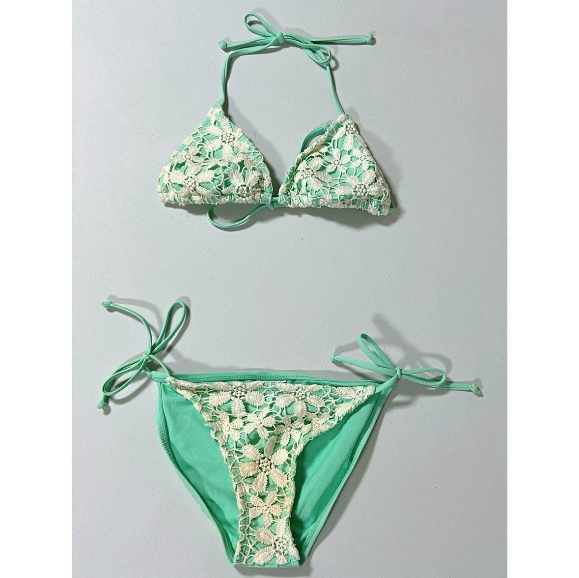 Japanese Brand × Vintage Mint Green Crochet Lace Bikini Top and Bottoms Set Size S ✨ Size ONE SIZE - 1 Thumbnail