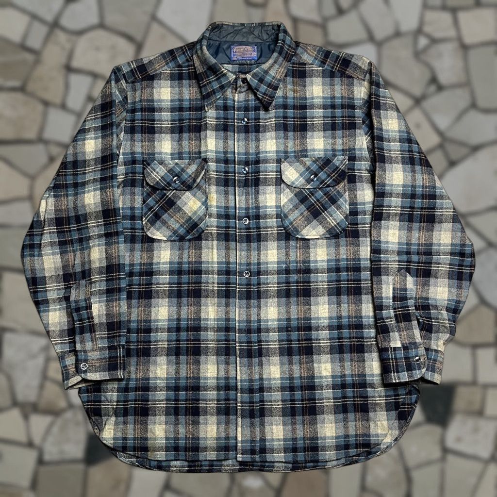 VINTAGE Pendleton Wool Flannel Button-Down Shirt XL Blue Plaid 60s 70s Men Regular Button-Up Shadow Plaid Shirt