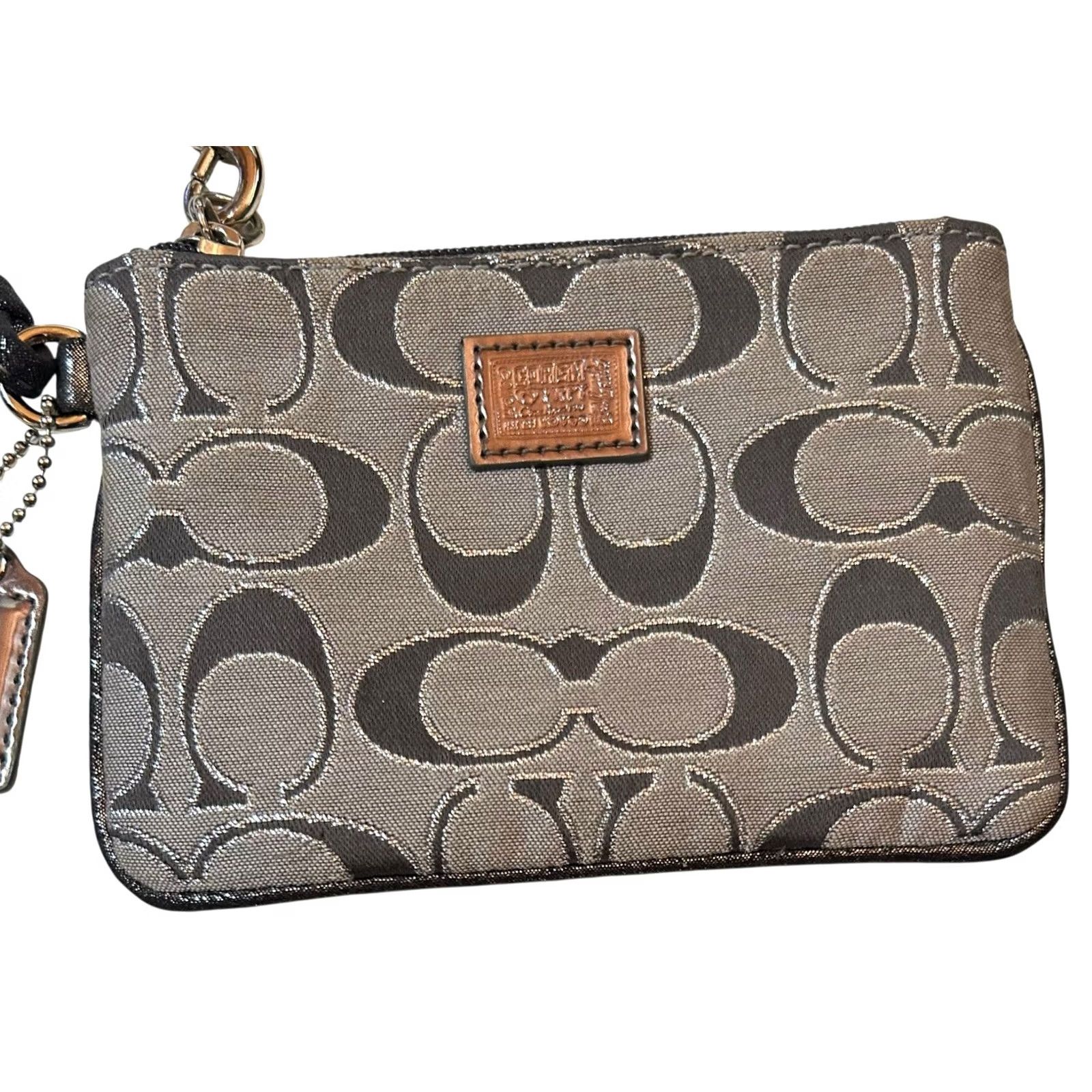 Coach Coach Poppy Gray Logo Signature & Metallic Silver Leather Wristlet Wallet Women Size ONE SIZE - 2 Thumbnail