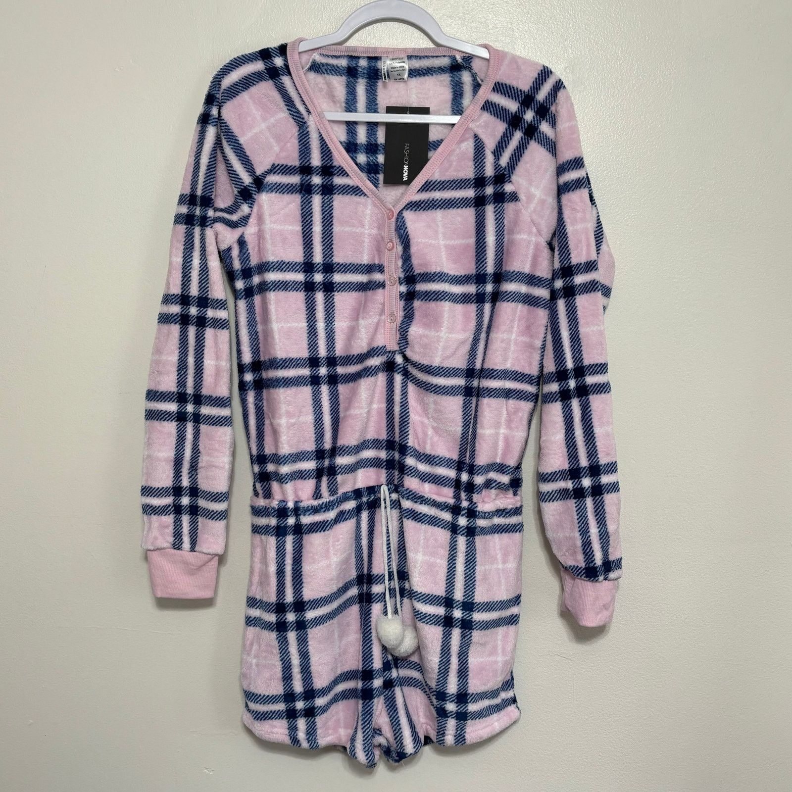 Fashion Nova Fashion Nova Pink Plaid Plush PJ Romper Size 1X NWT Size ONE SIZE - 2 Thumbnail