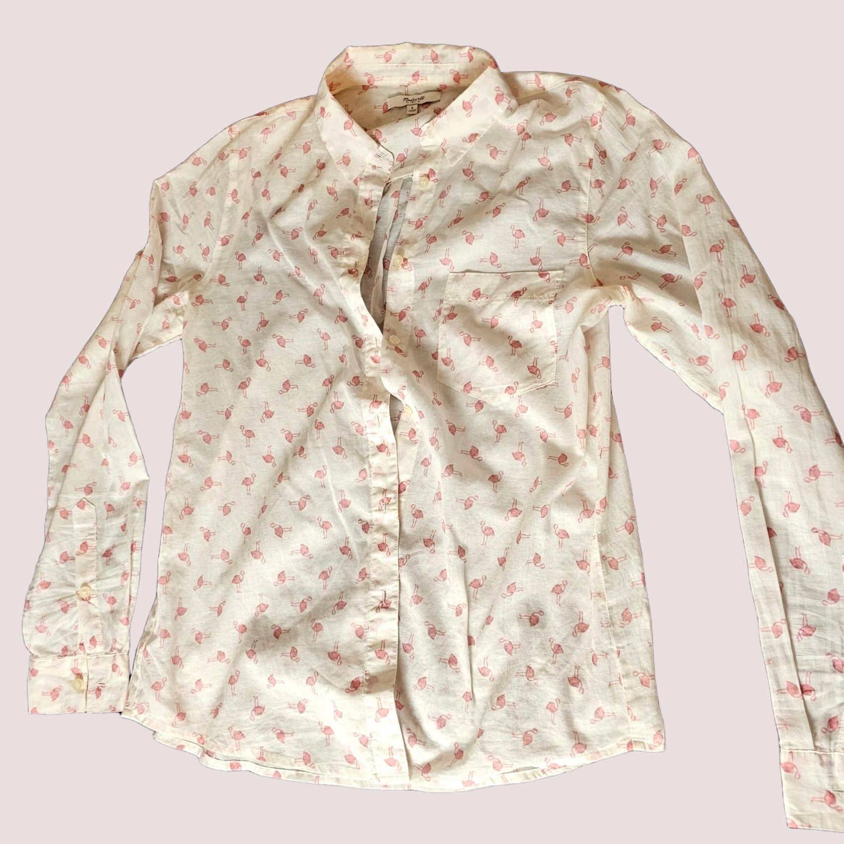 Madewell Madewell Pajama Top Shirt White Flamingo Print V-Neck Long Sleeve Button-Up Pocket Side Slit M/L? (Size S) Size S / US 4 / IT 40 - 1 Thumbnail