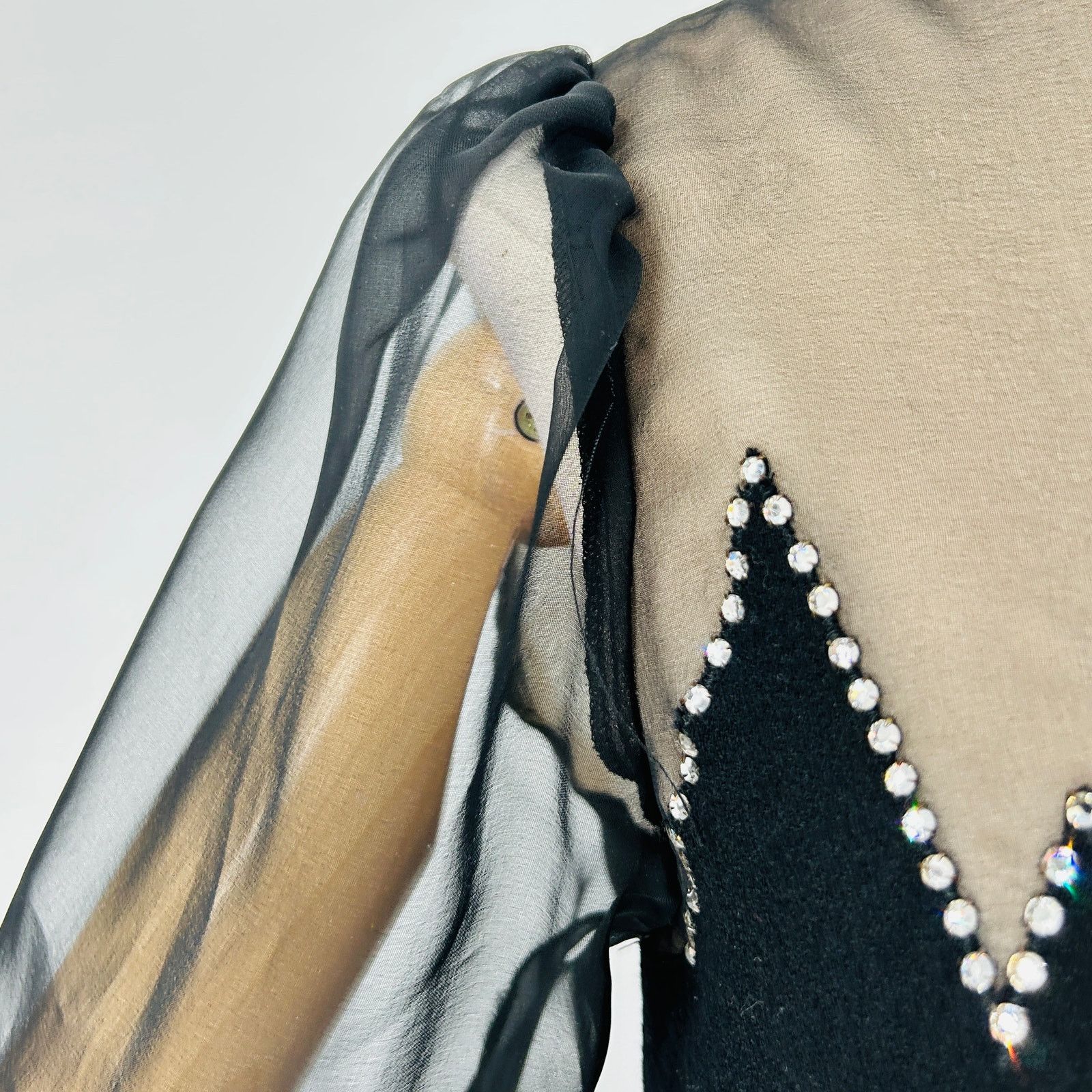 Vintage 70s Joan Leslie Black Rhinestone Sheer Sleeve Cocktail Dress Size L / US 10 / IT 46 - 3 Thumbnail