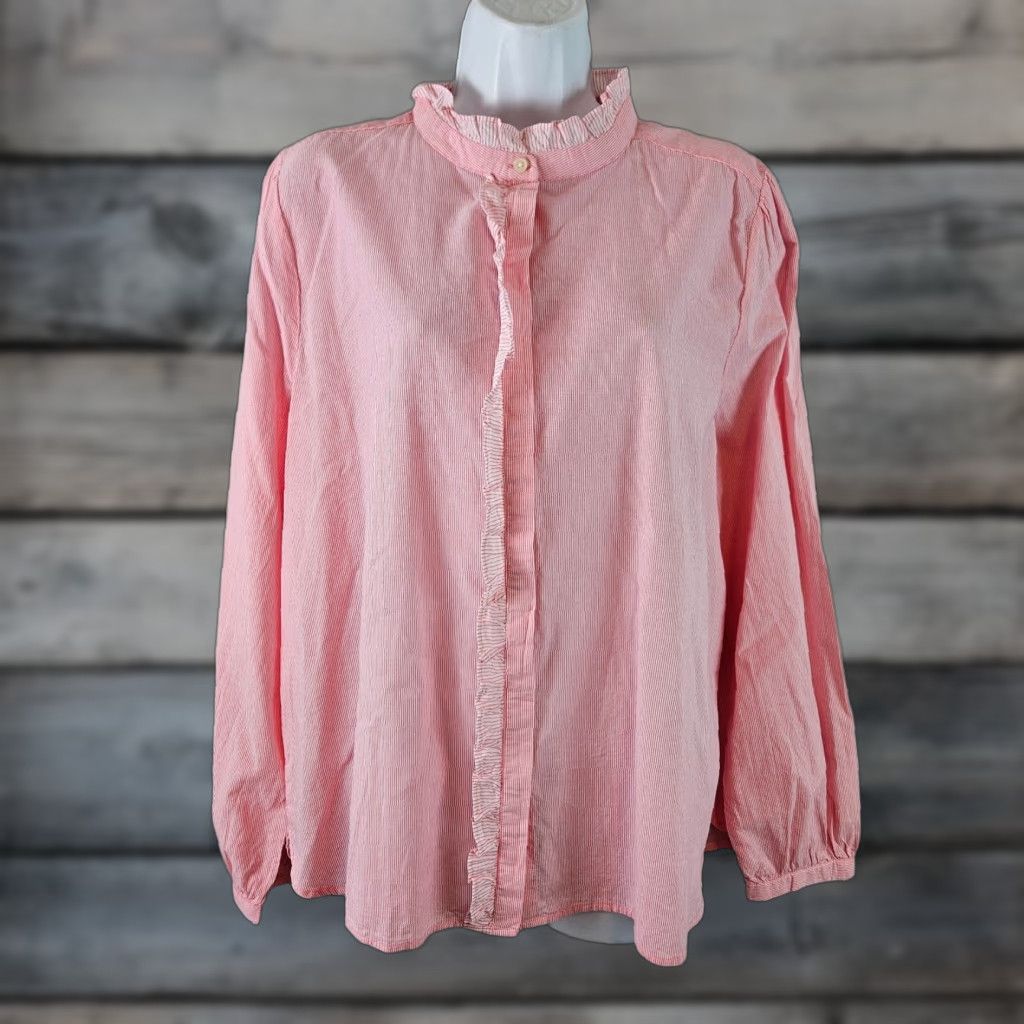 Loft LOFT Ann Taylor Womens Button Up Top XL Pink White Stripe Cotton Ruffle Shirt Size XL / US 12-14 / IT 48-50 - 1 Thumbnail