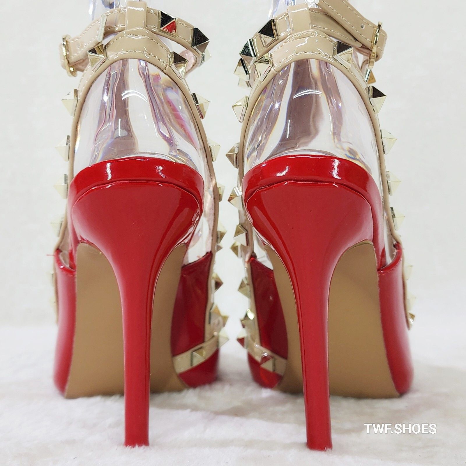 Other Caged Bright Red Studded Strappy Stiletto High Heel Shoes (C Size US 7 / IT 37 - 4 Thumbnail