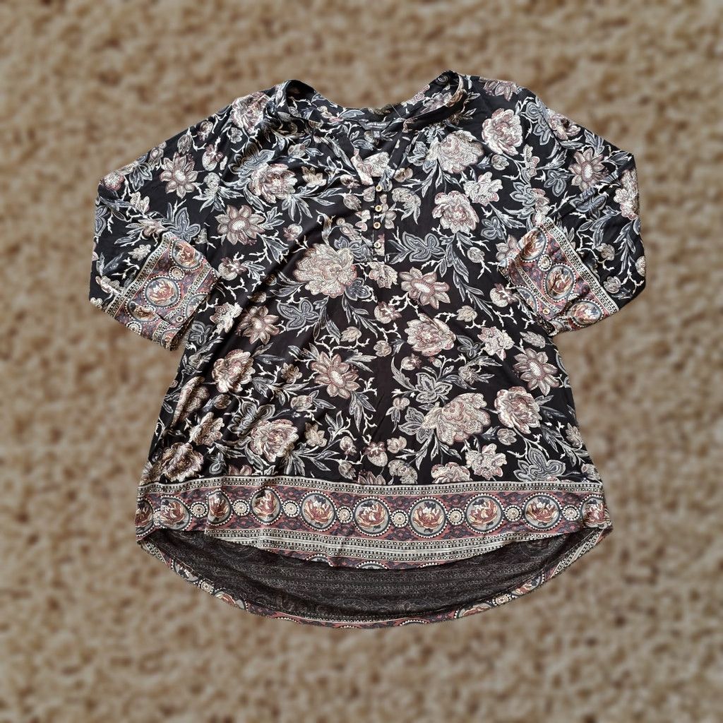 Lucky Brand Lucky Brand Top Womens 1X Black Beige Floral V Neck 3/4 Sleeve Boho Casual Blouse Womens Size XL / US 12-14 / IT 48-50 - 1 Thumbnail