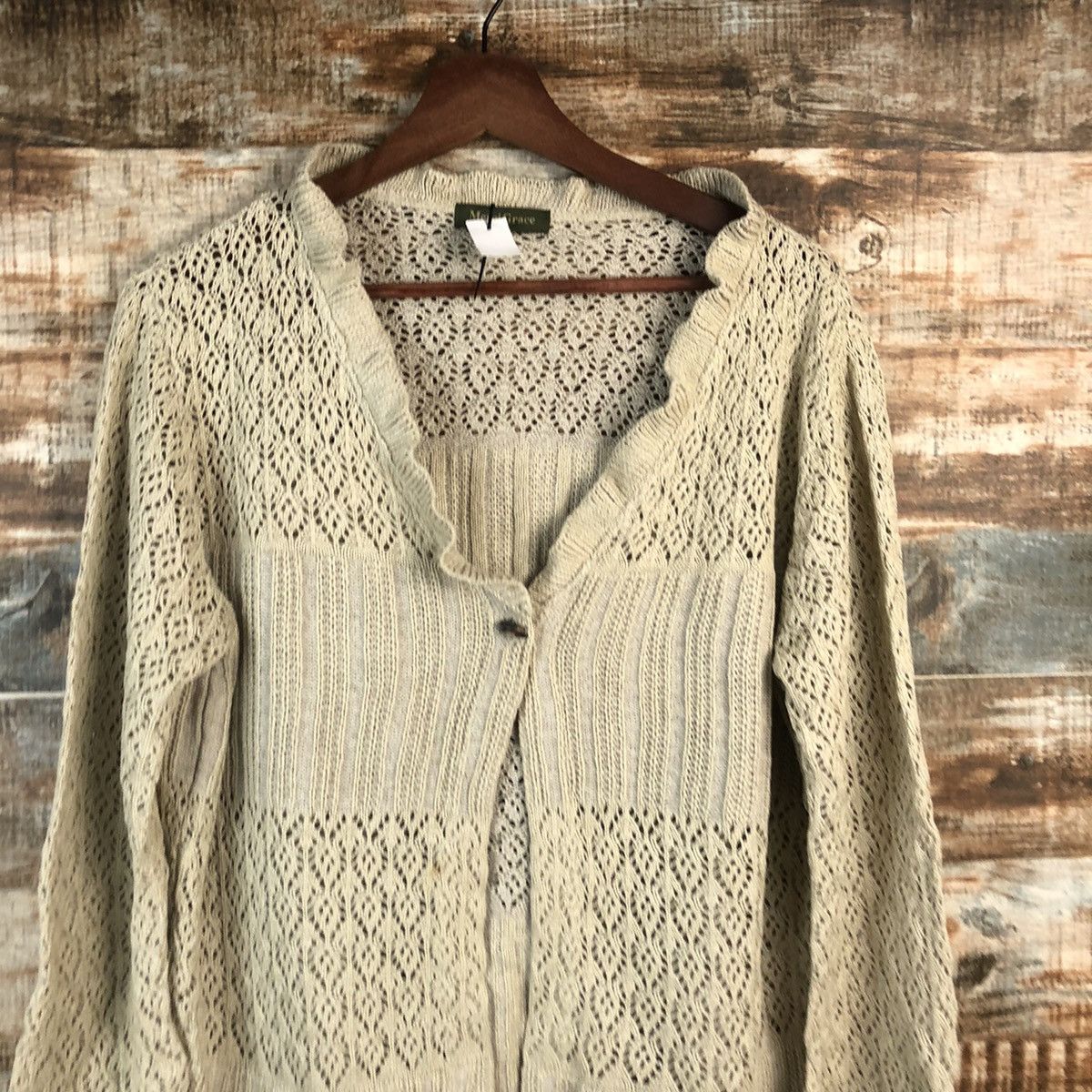 Homespun Knitwear × Japanese Brand × Vintage DL Merci Grace crochet meshnet Brown Cardigan Knitwear #C529 Size L / US 10 / IT 46 - 3 Thumbnail