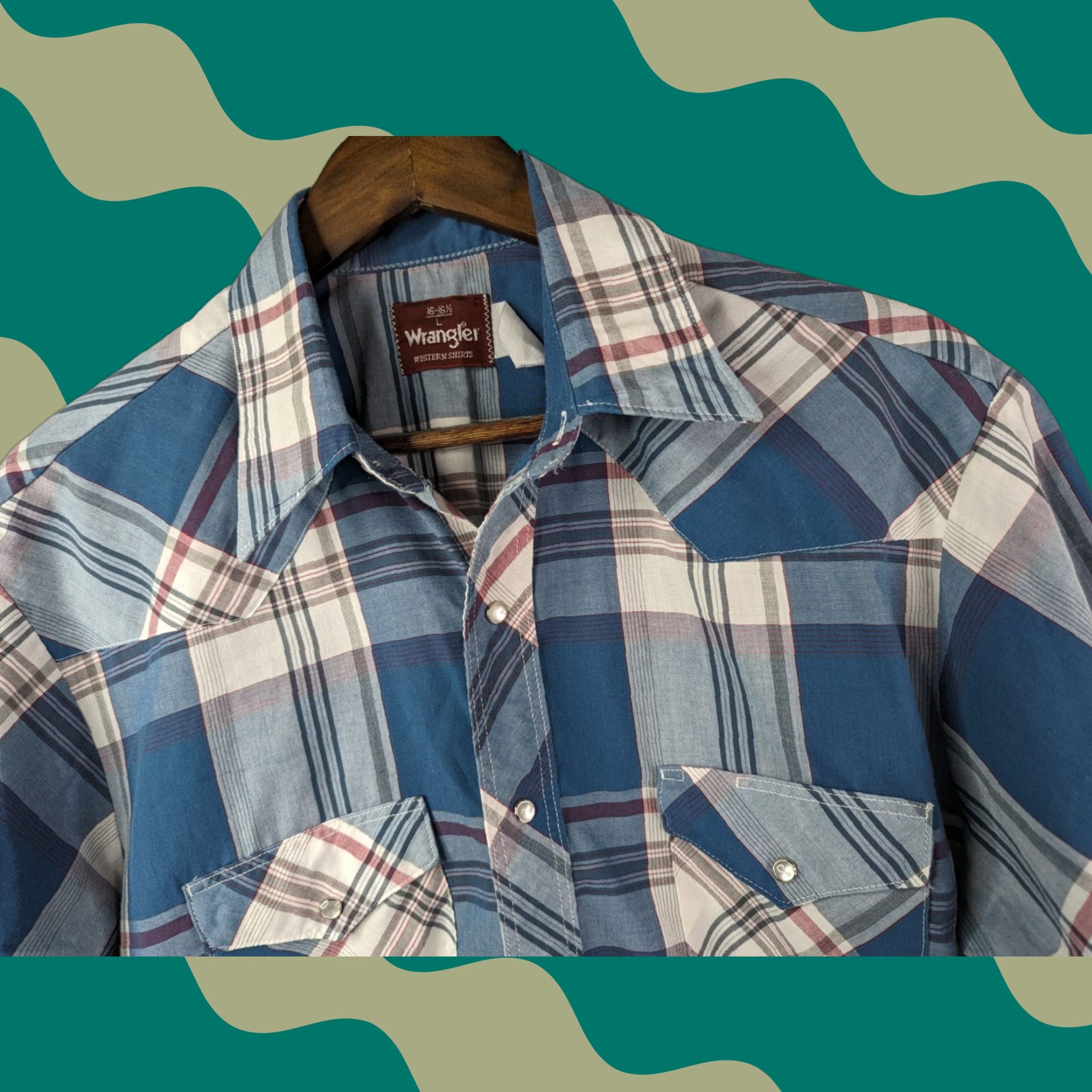 Wrangler VINTAGE Wrangler Western Plaid Pearl Snap Shirt Short Sleeve 16 Blue Mens 80s Western Shirt Snap Closure 16-16.5 Size US L / EU 52-54 / 3 - 1 Thumbnail