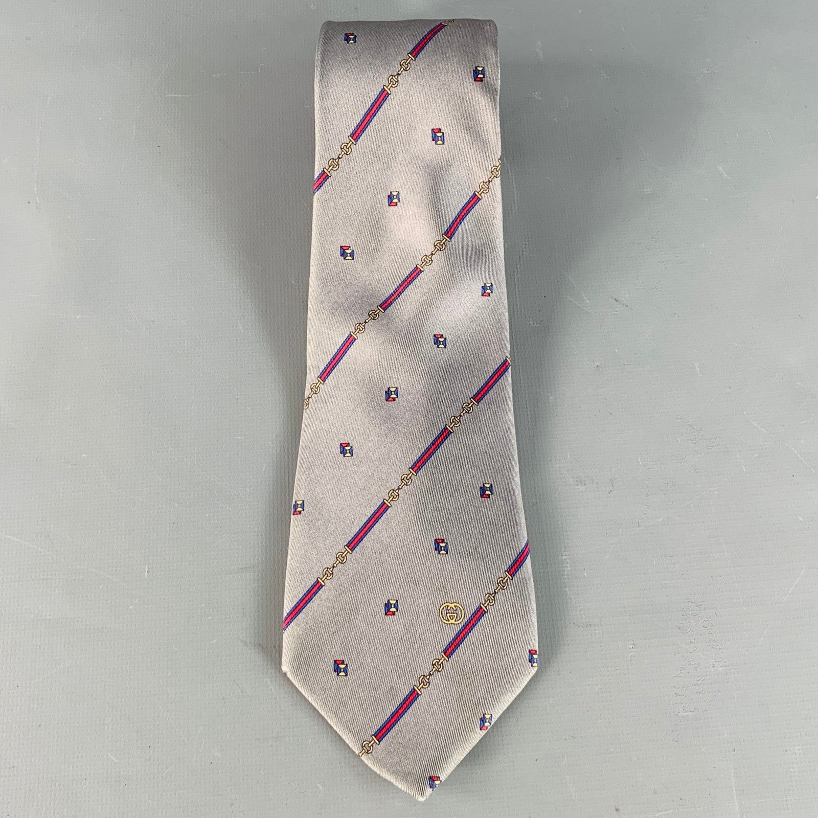 Gucci Vintage Slate Grey Red Horsebit Diagonal Stripe Silk Tie Size ONE SIZE - 2 Thumbnail