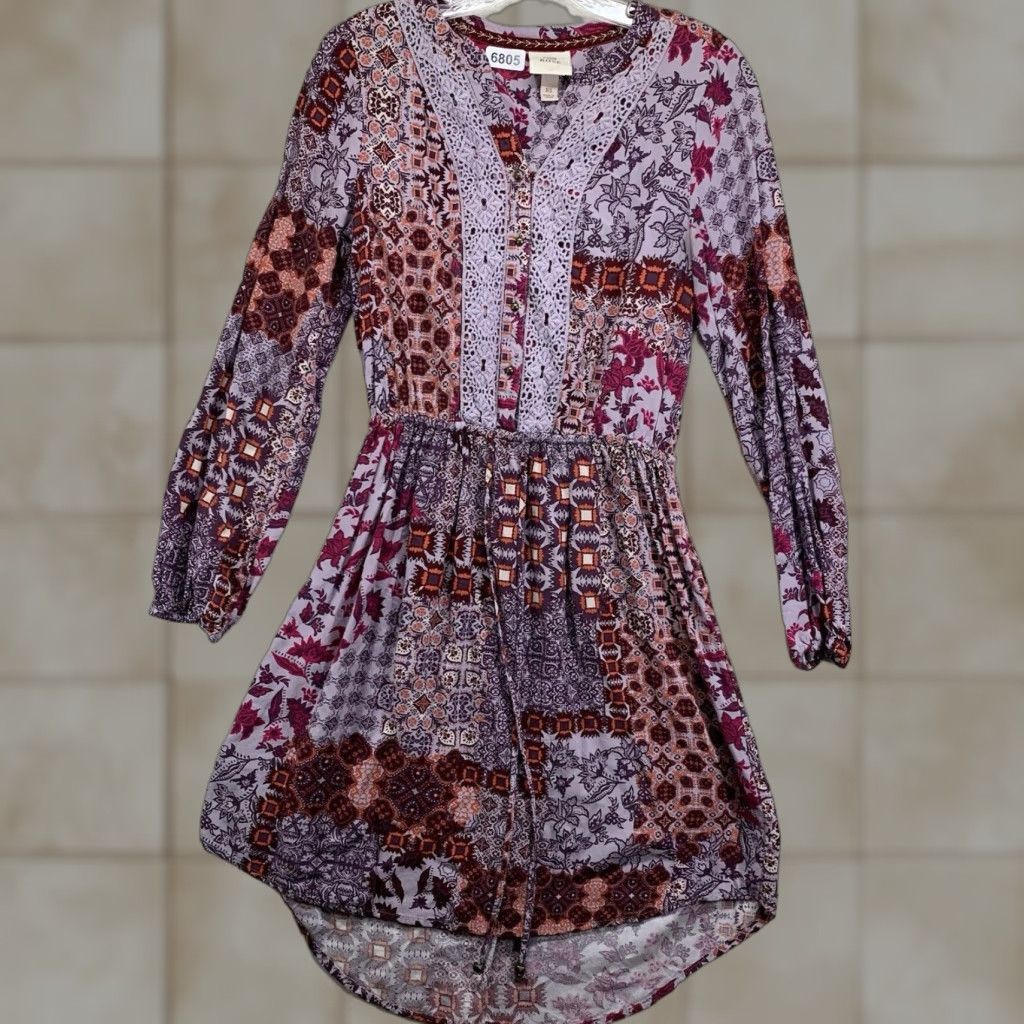 Vintage Knox Rose Geometric Midi Dress XS Purple Long Sleeve V-Neck Embroidered Hippie Bohemian Womens Size XS / US 0-2 / IT 36-38 - 1 Thumbnail