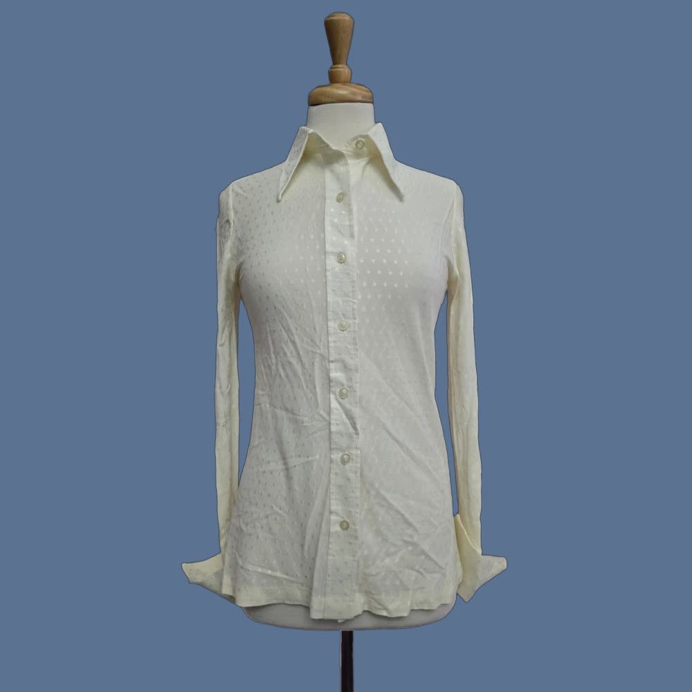 JCPenney VINTAGE JC Penney Fashions Women's Shirt Sheer Long Sleeve Button Up Size 11 Ivory 1970s Secretary/Geek Mens/ Womens Size S / US 4 / IT 40 - 1 Thumbnail
