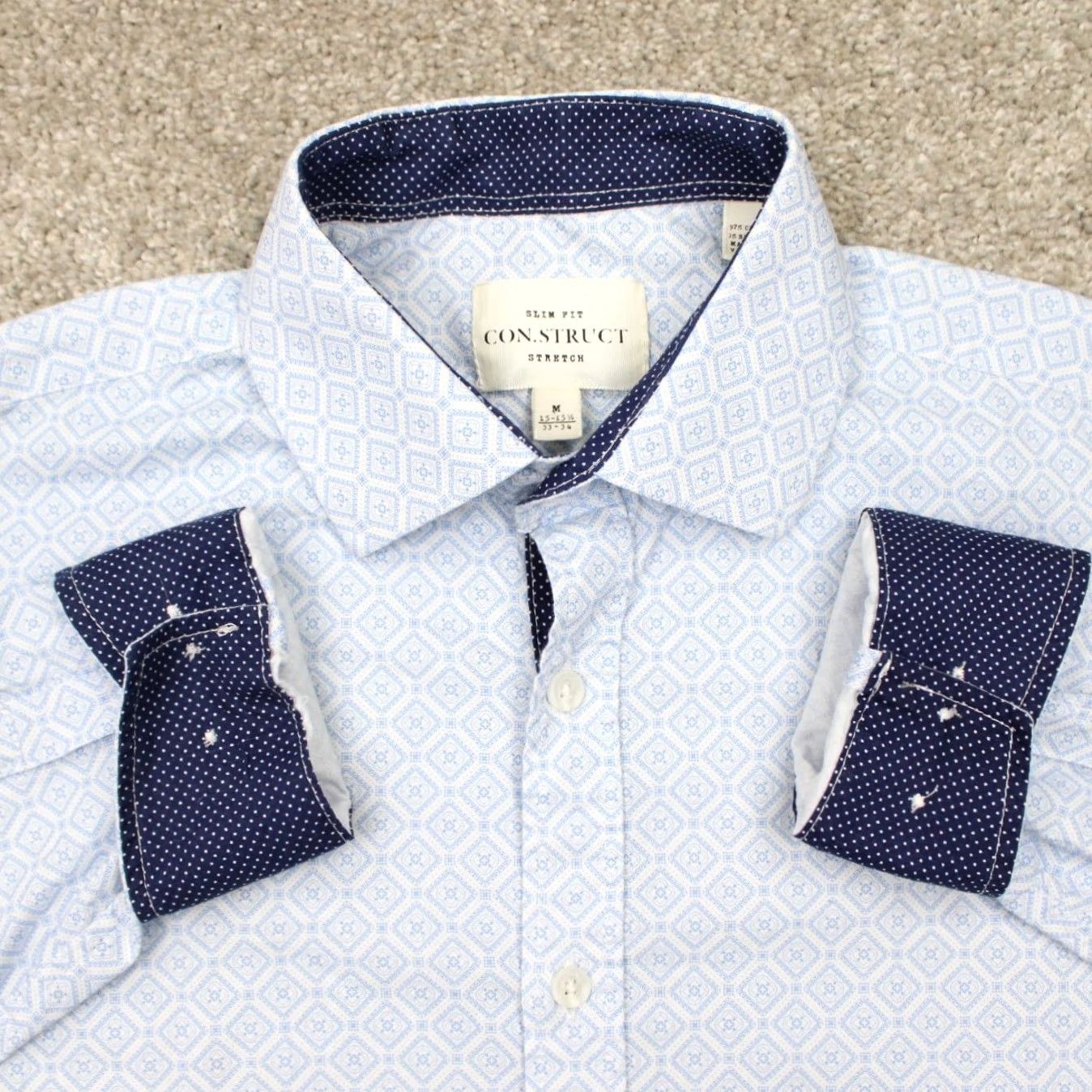 Vintage Construct Blue Slim Fit Dress Shirt Mens 15 1/2 33/34 L/S Non-Iron Quick Dry 97% Cotton 3% Spandex Button Collar Barrel Cuff Geometric Pattern Size US L / EU 52-54 / 3 - 2 Thumbnail