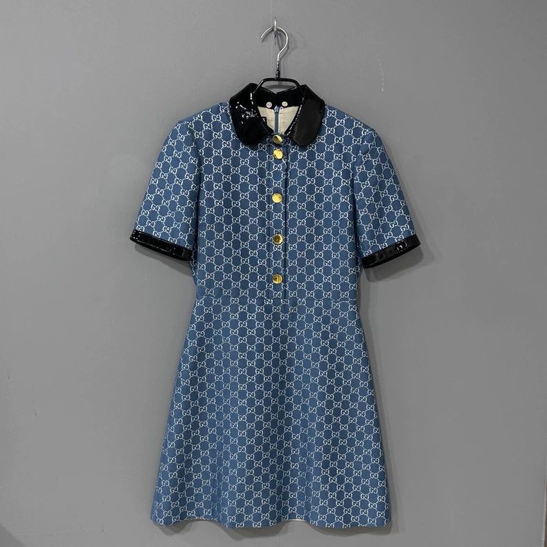 Gucci Leather-collar old flower full-print dress 2504-Nexta