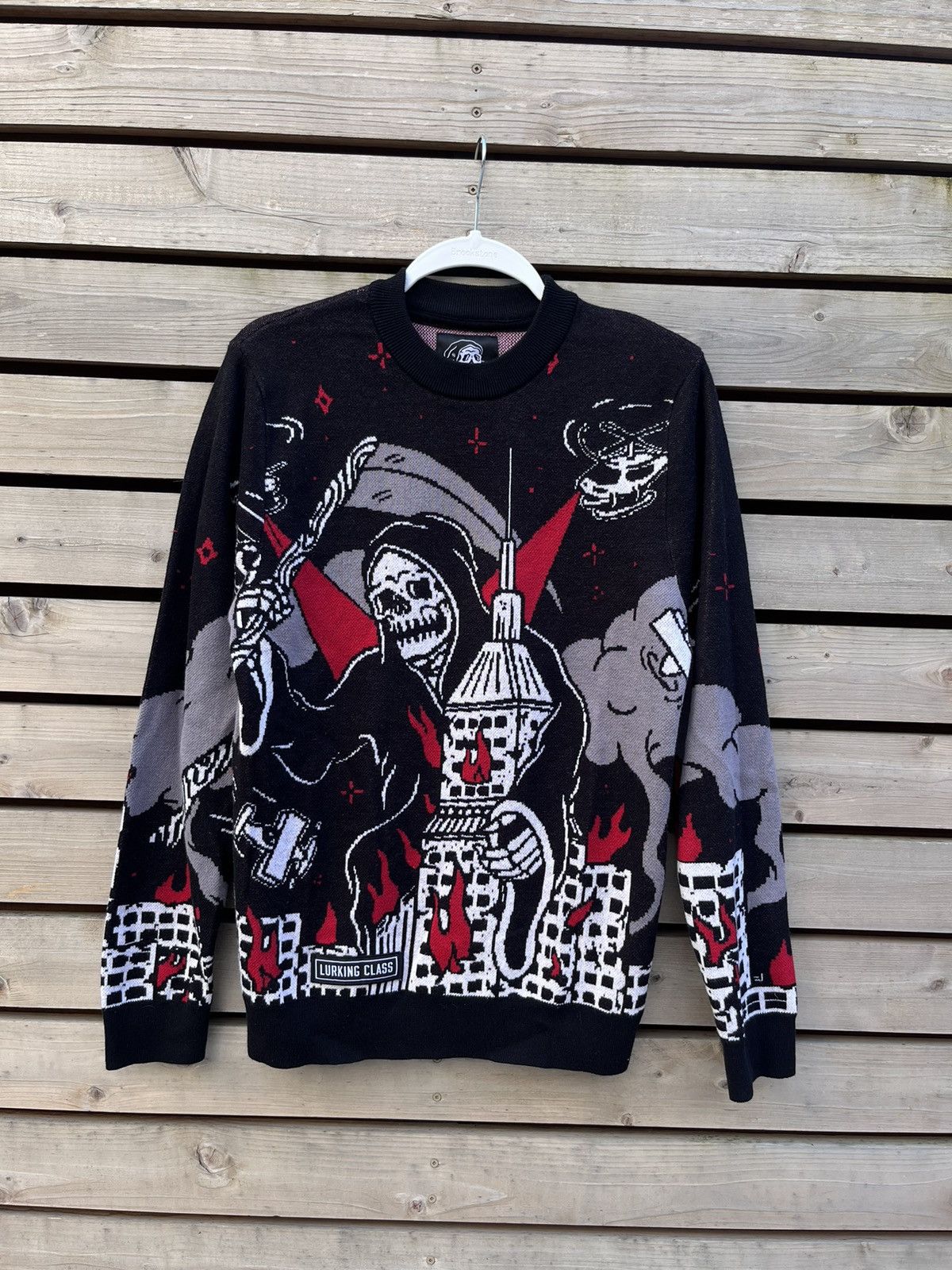 Pre-owned Streetwear Grim Reaper Terror Overprinted Knit Sweater Y2k In Black