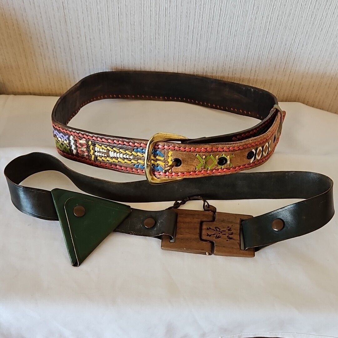 Handmade Western Elk Hide Leather Belt Lot 2 Buckskin Pouch Whip Stit Size ONE SIZE - 1 Thumbnail