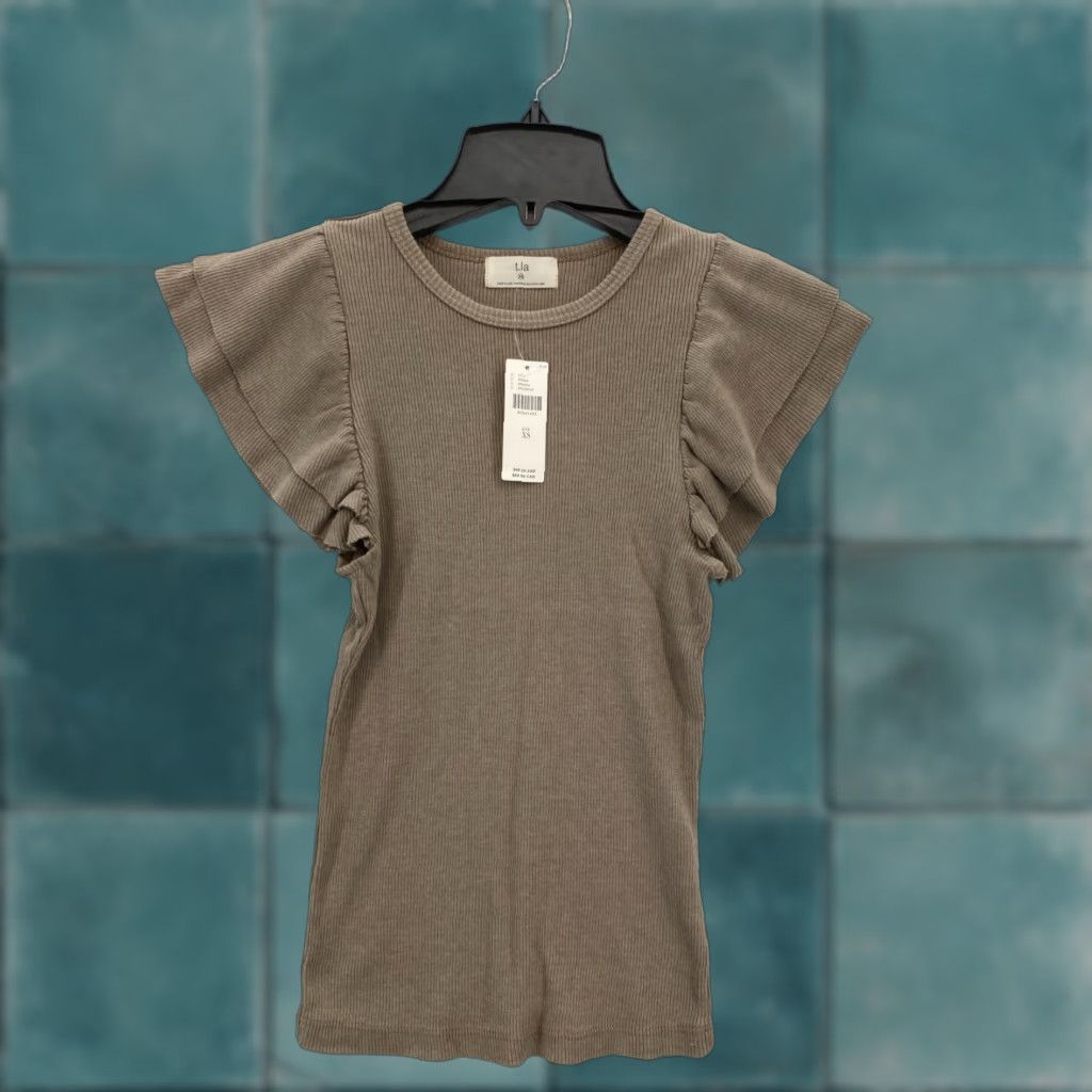 Anthropologie T.La Anthropologie Ribbed Ruffle Sleeve Top Women's XS Beige Knit Round Neck NWT Shirt Size XS / US 0-2 / IT 36-38 - 1 Thumbnail