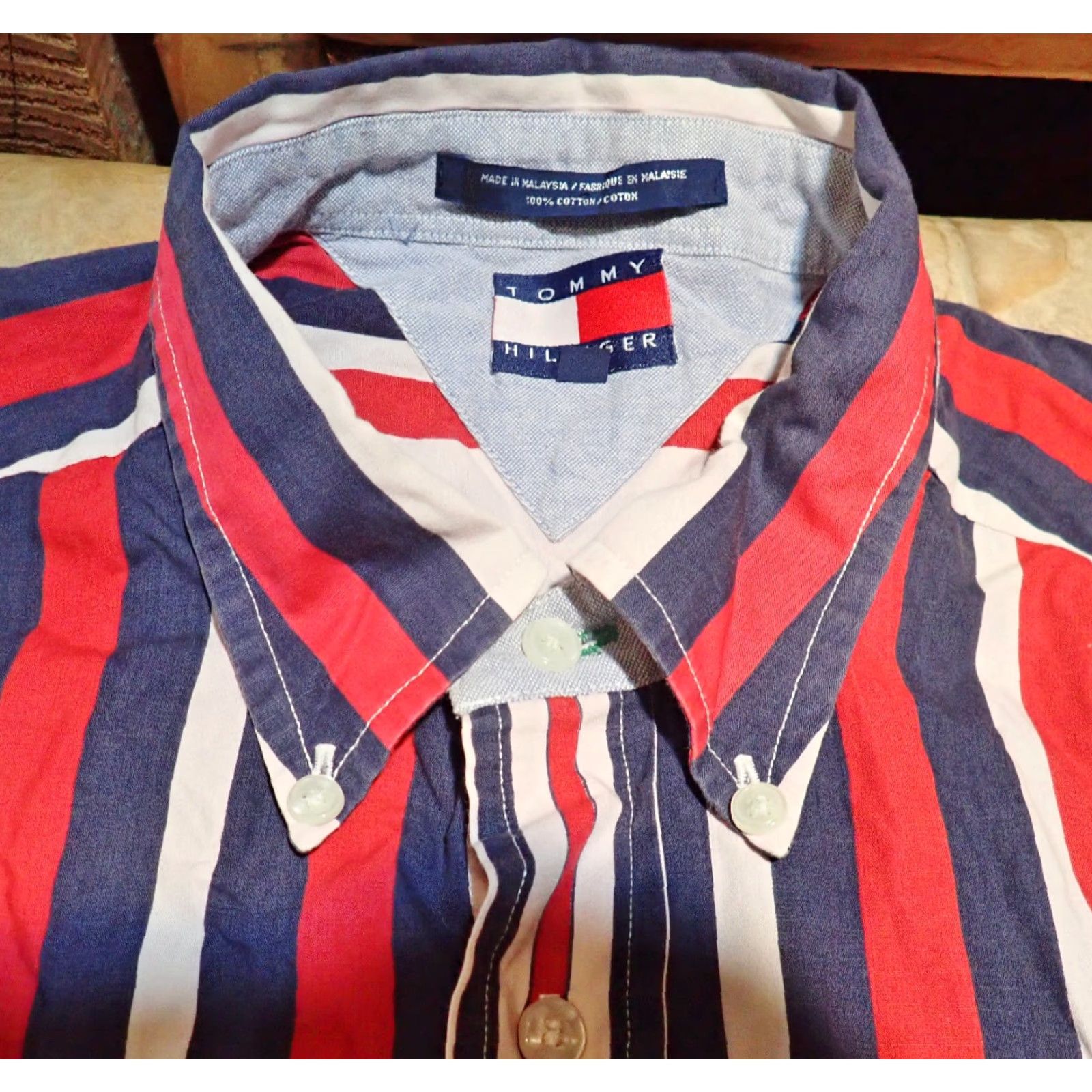Tommy Hilfiger VINTAGE Tommy Hilfiger Button-Down Shirt L Red White Blue Striped Long Sleeve 90s Mens Size US L / EU 52-54 / 3 - 3 Thumbnail