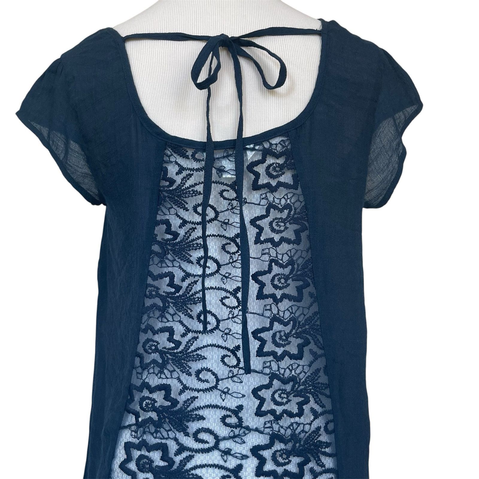 Other Navy Blue Short Sleeve Sheer Lace Detail Tie Back Blouse Top Size S / US 4 / IT 40 - 6 Thumbnail