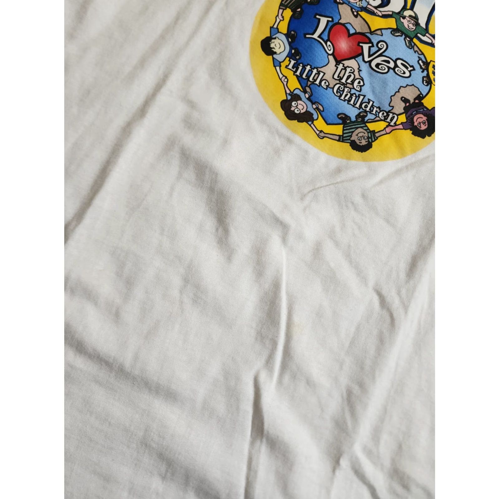Hanes VINTAGE Hanes T-Shirt Mens L Jesus Loves The Little Children Double Sided White Cotton Crew Neck Short Sleeve Size US L / EU 52-54 / 3 - 6 Thumbnail