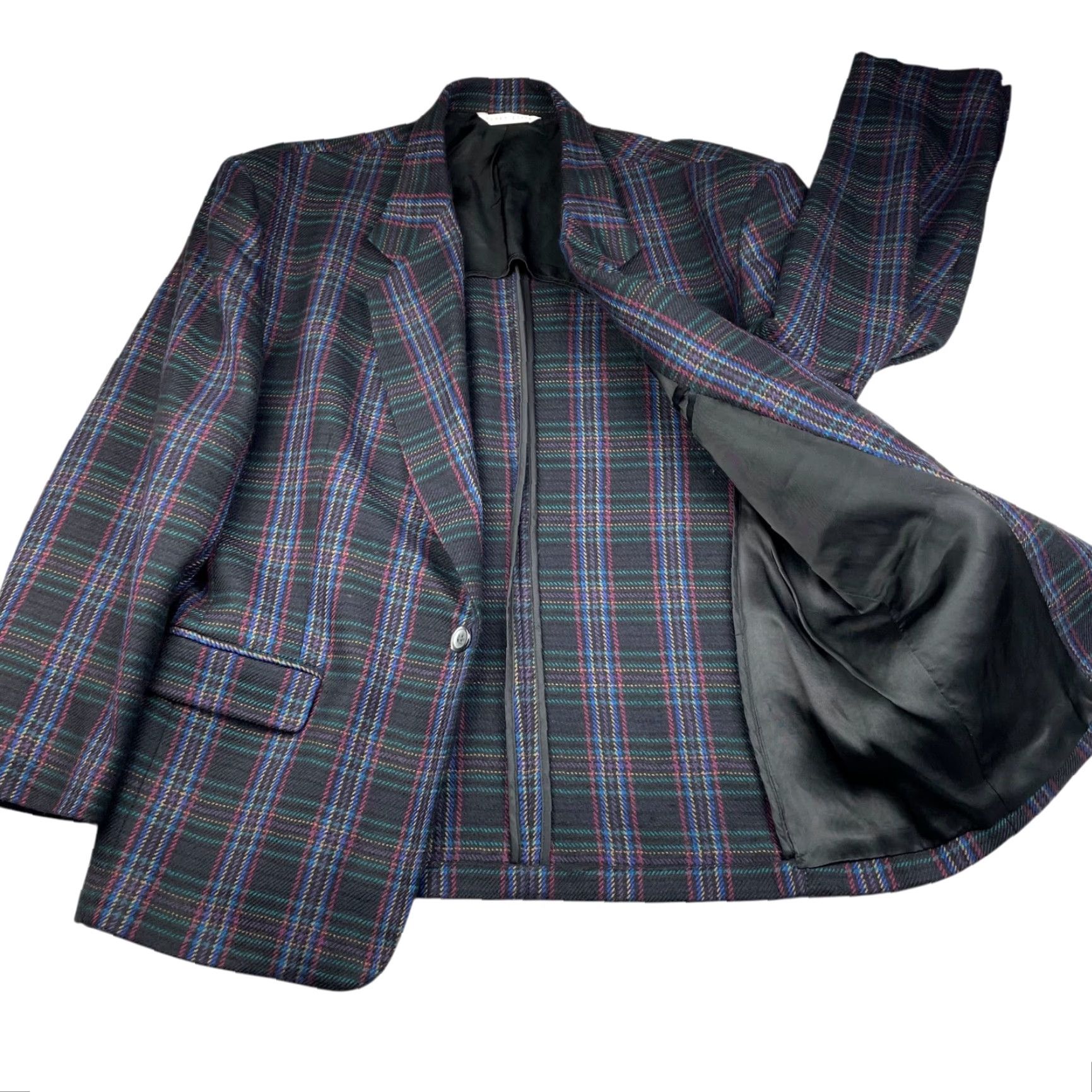 Perry Ellis VTG Perry Ellis Men's 100% Wool Knit Blazer Black Colorful Plaid 44R One-Button Notch Lapel Jacket/Coat Size 44R - 3 Thumbnail