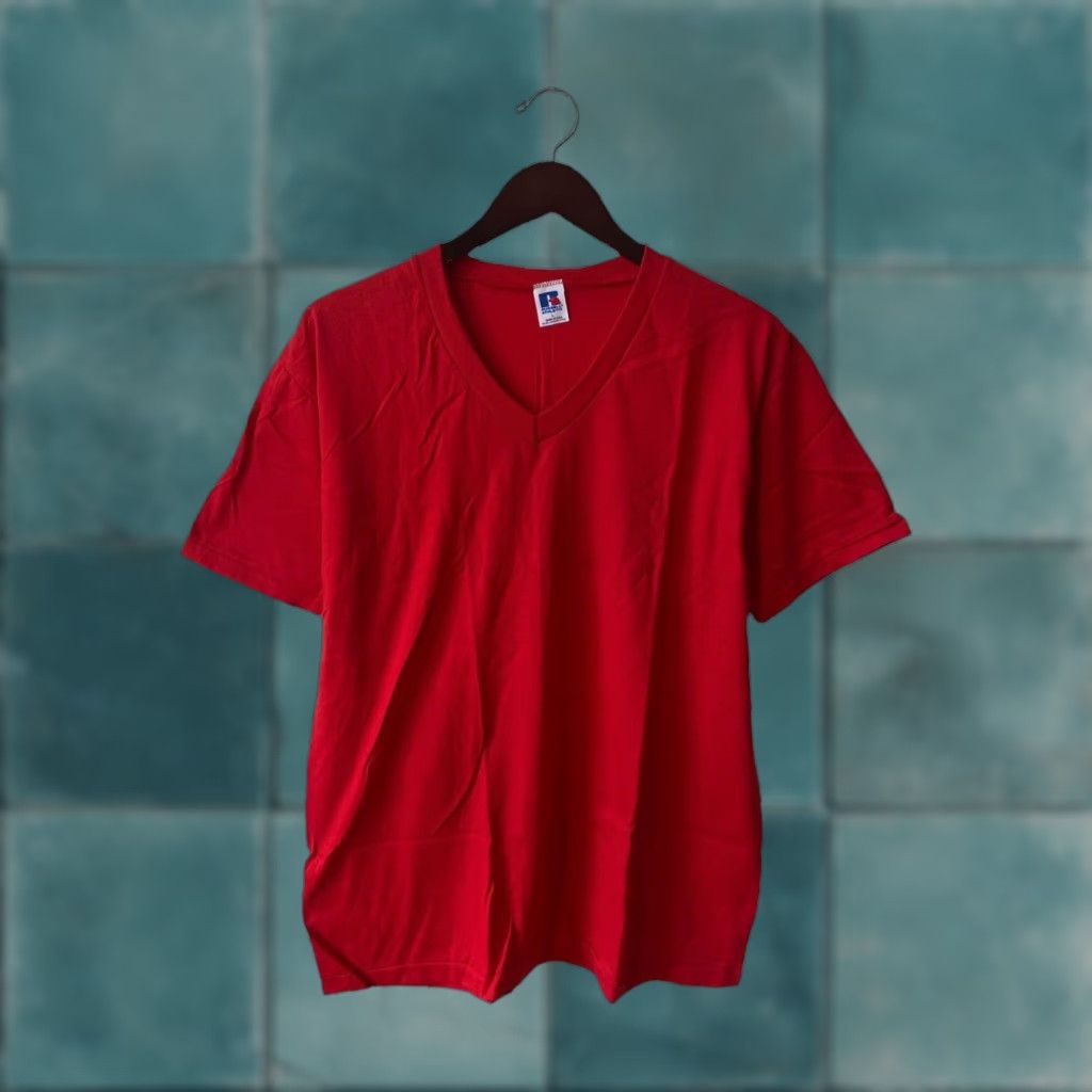 Russell Athletic VINTAGE Russell Athletic V-Neck T-Shirt Mens Large Deadstock NWOT 90s NOS Red Cotton Blend Short Sleeve 1990s Adult Mens Size US L / EU 52-54 / 3 - 1 Thumbnail