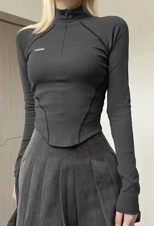 Japanese Brand Sweetown Gray Stitched Tops Women Zip Up Size ONE SIZE - 3 Thumbnail